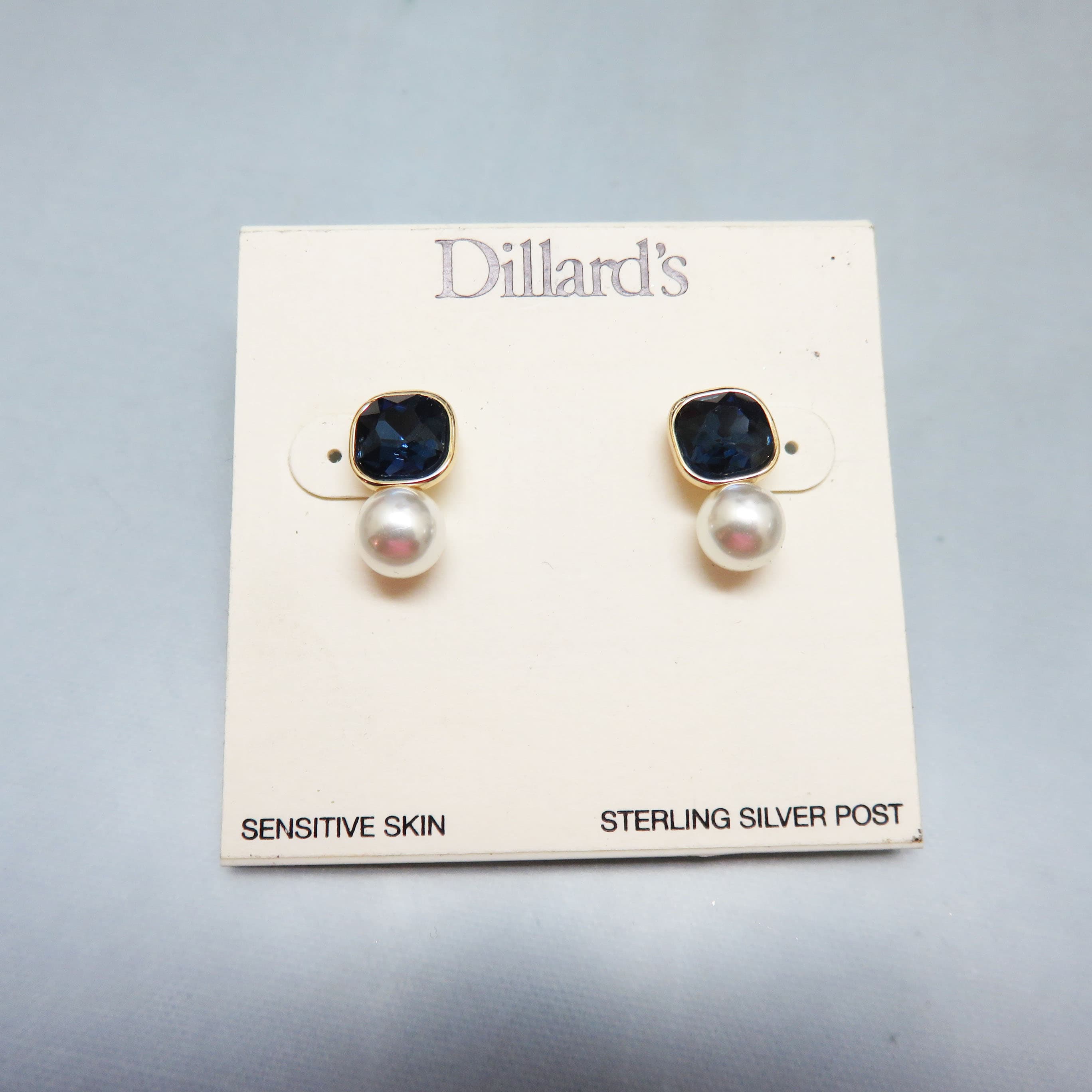Mint On Card, Dillard's Brand, Blue Rhinestone, Faux Pearl Pierced Earrings