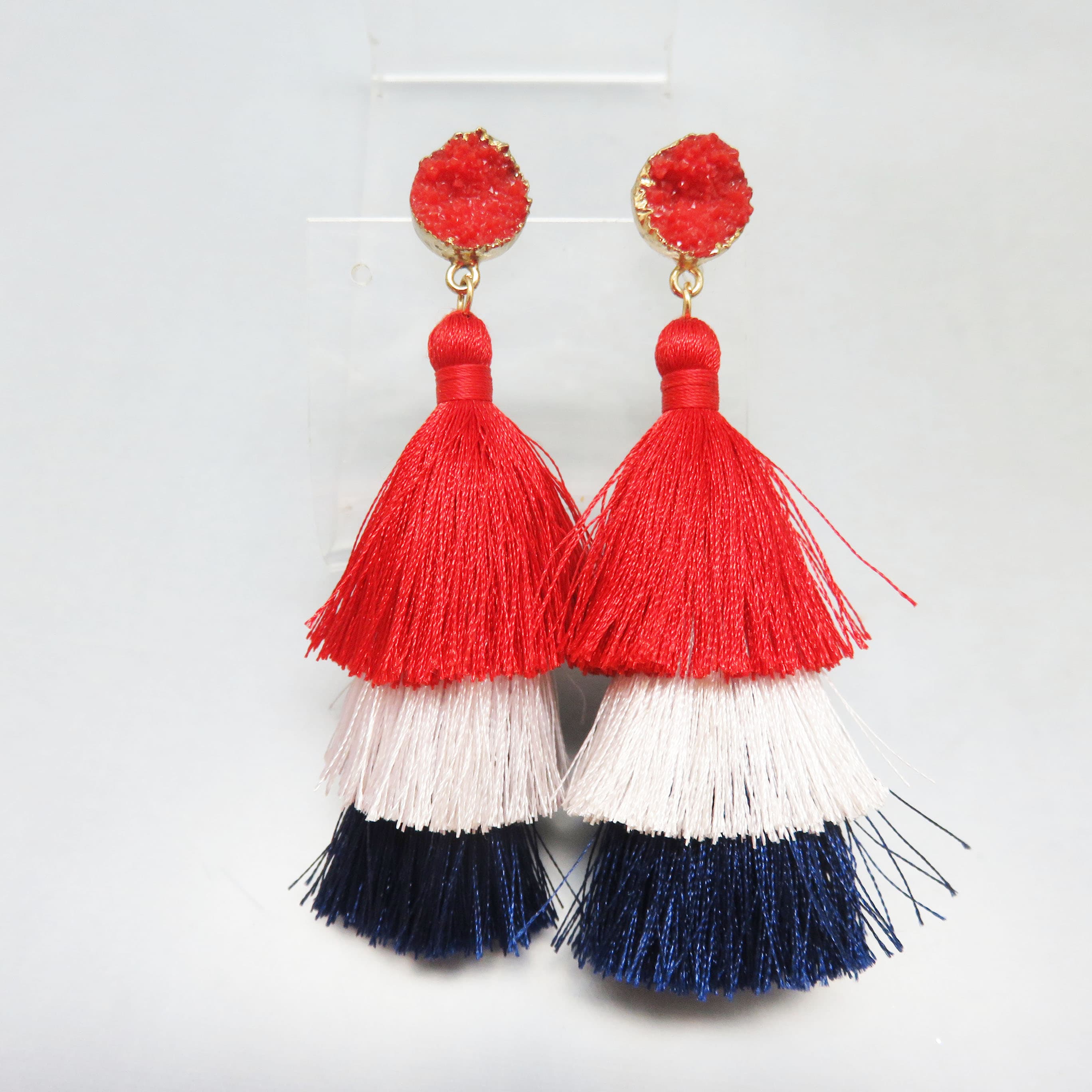 Couture Red, Ivory & Navy Silk Tassel Earrings with Red Druzy Stud Accents