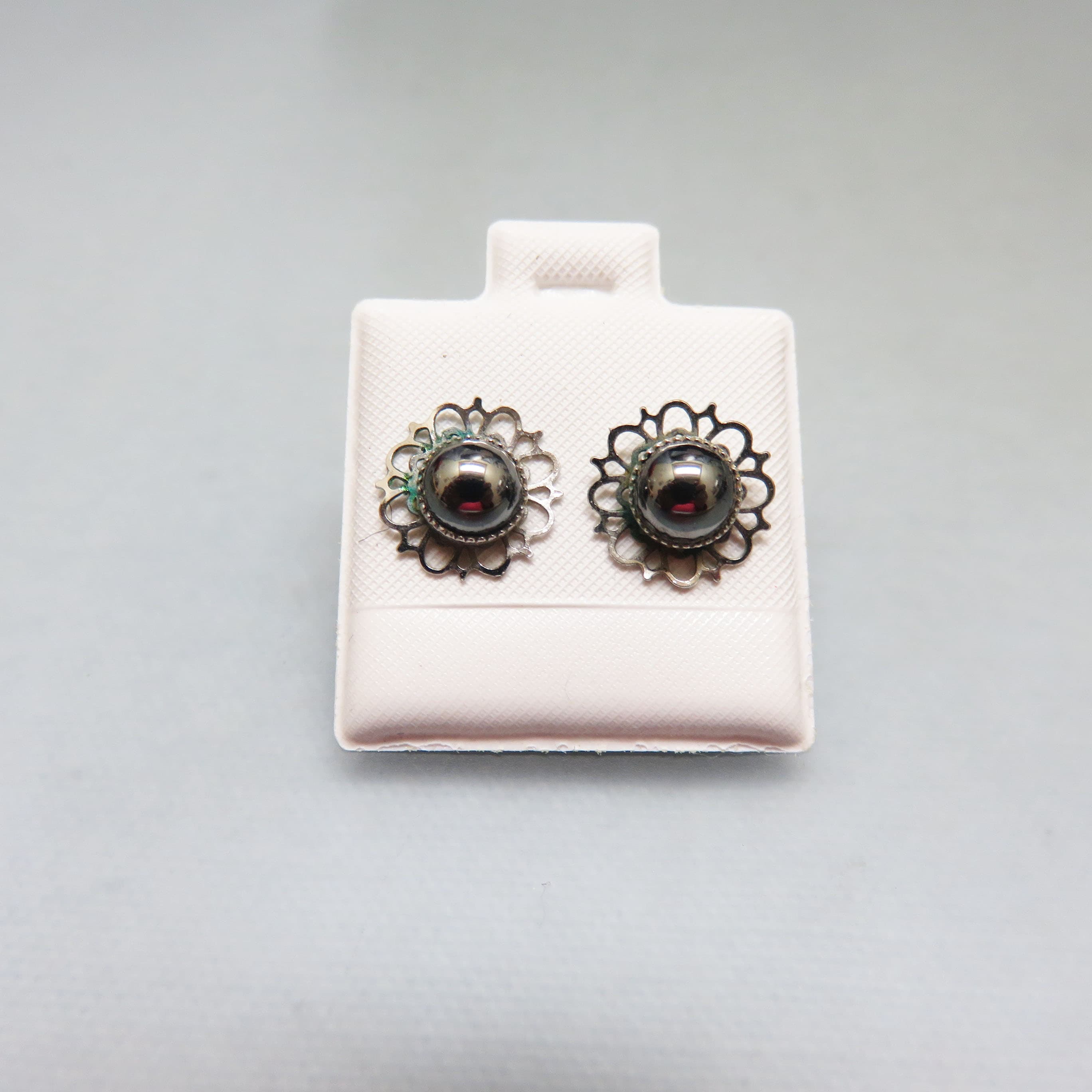 Midnight Hematite Cabochon Stud Earrings with Filigree Halo – Sterling Silver