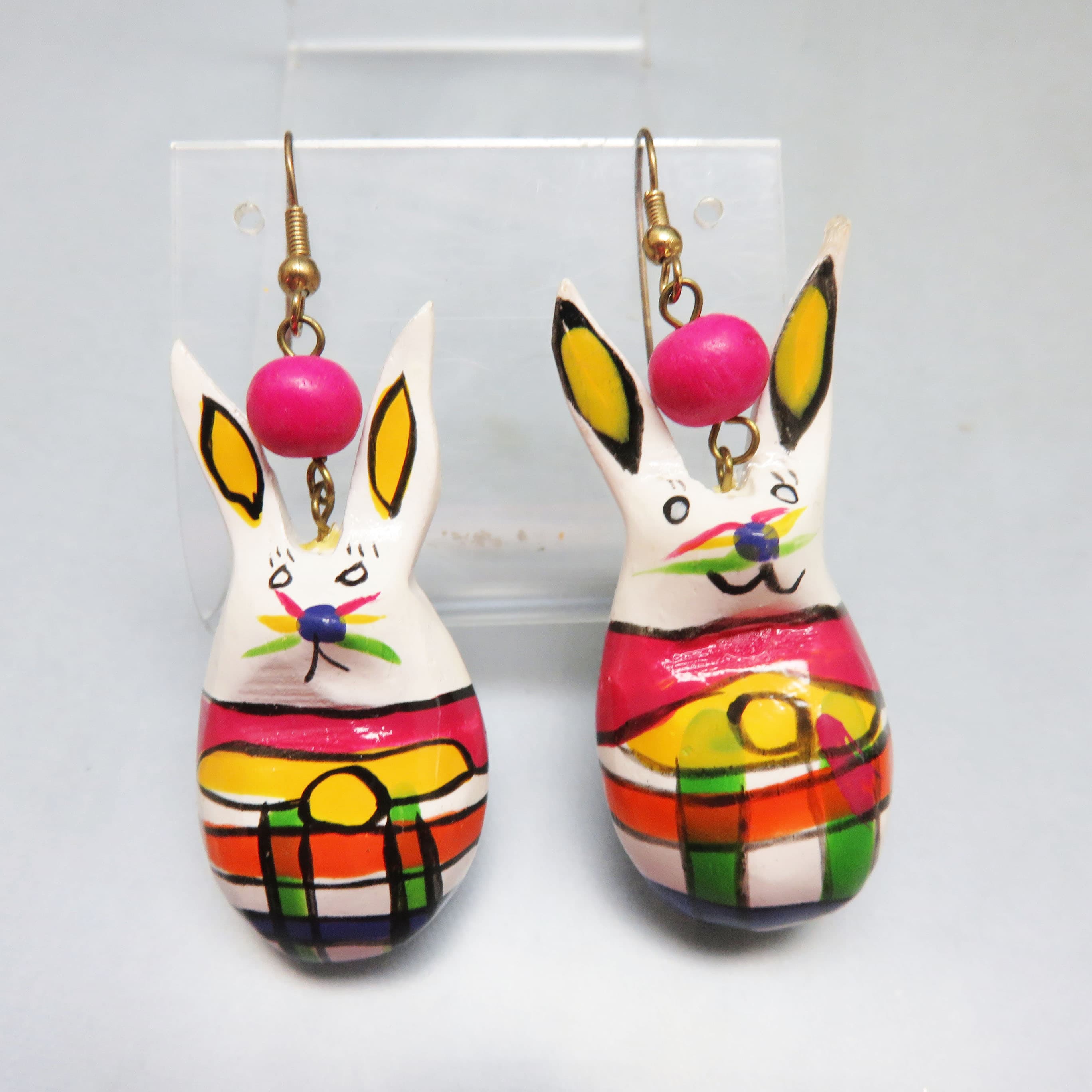 Artisan Hand-Painted Easter Bunny Drop Earrings with Vibrant Folk Motif