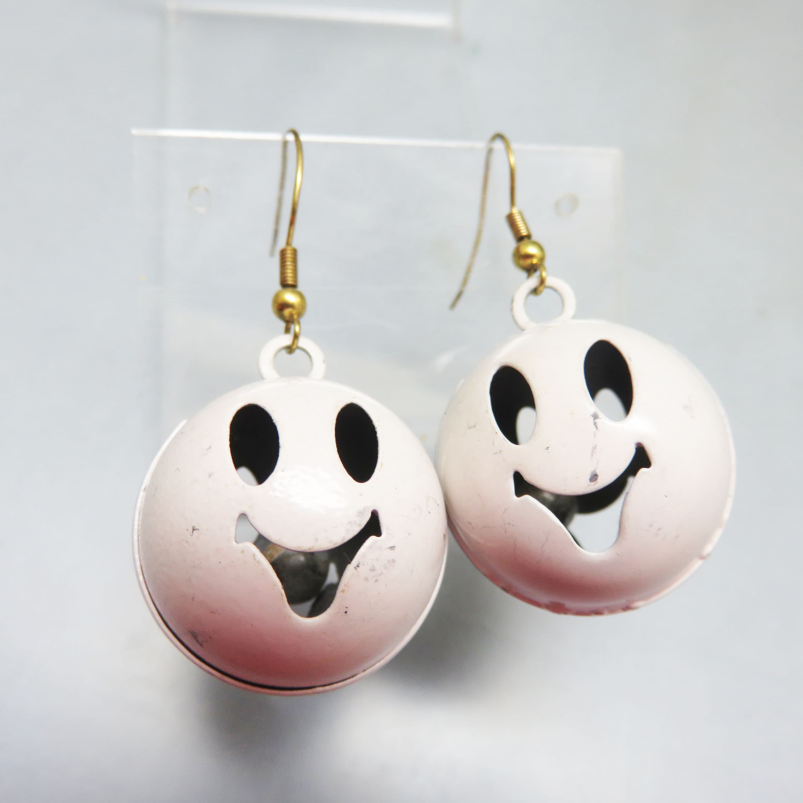 Whimsical Ghost Bell Drop Earrings in Polished White Enamel with Gold Hooks