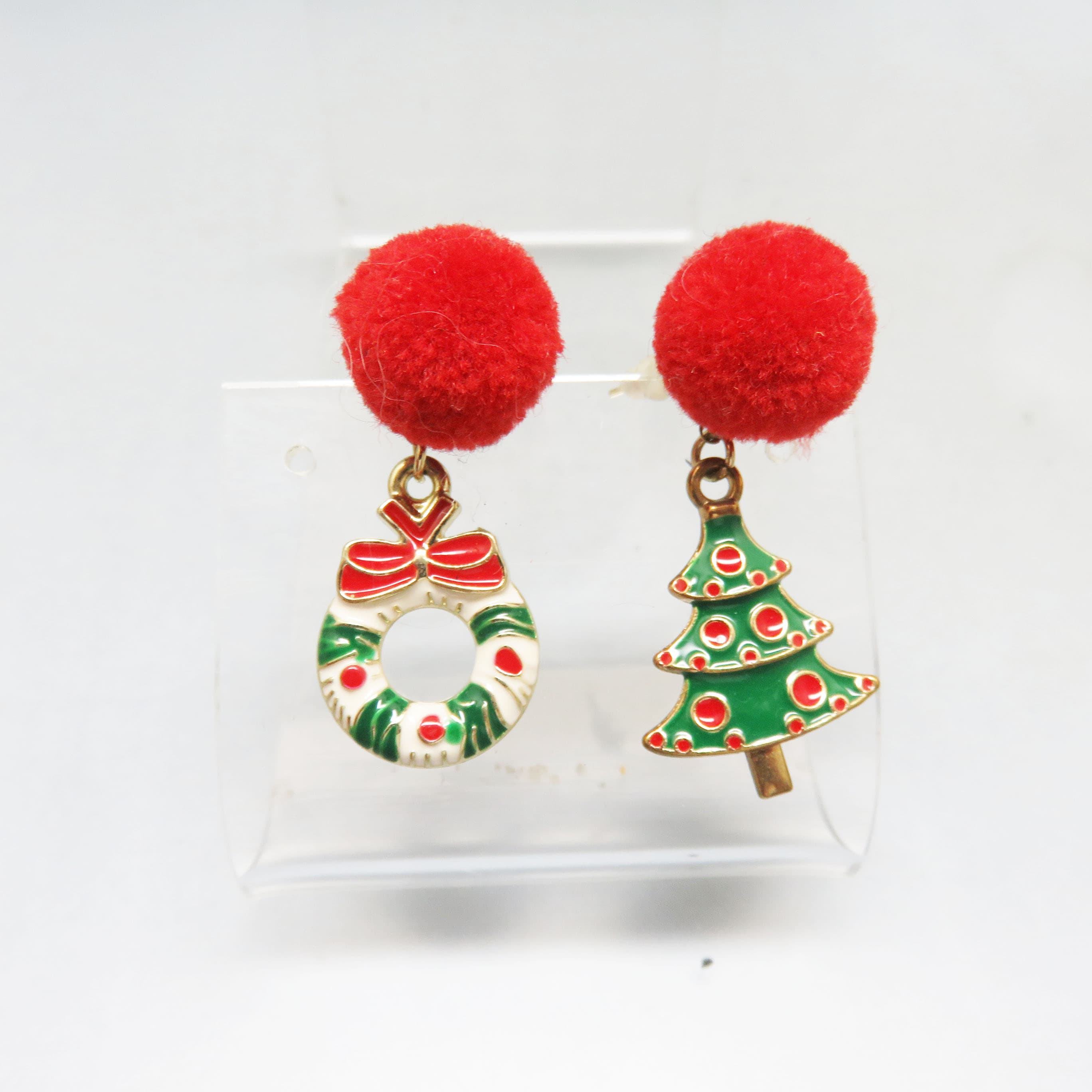 1960s Red Pom Pom Enameled Christmas Earrings, Pierced Post Style Holiday Earrings