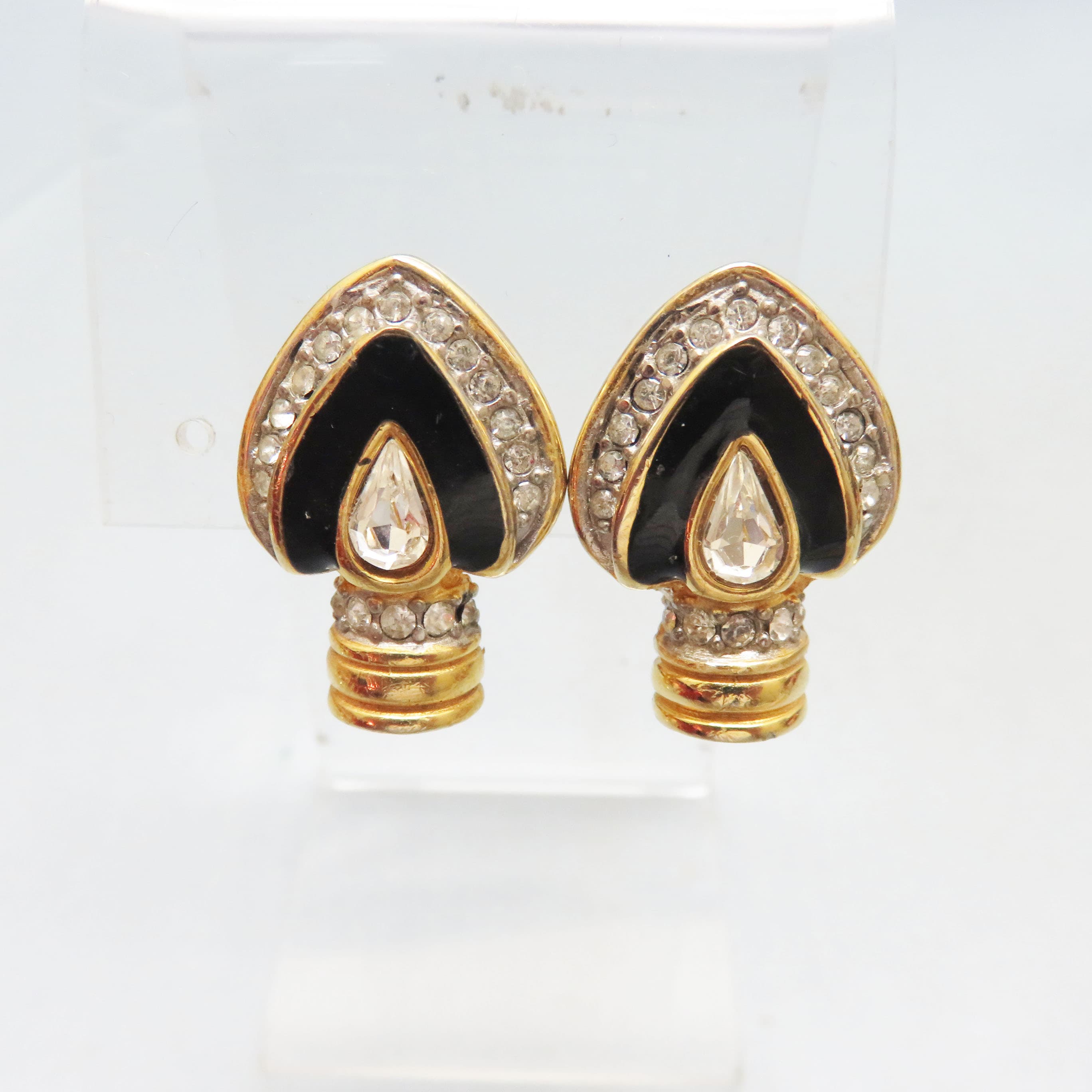 1980s African Warrior Spear Head Clip On Earrings, Rhinestone and Enamel Embellshments