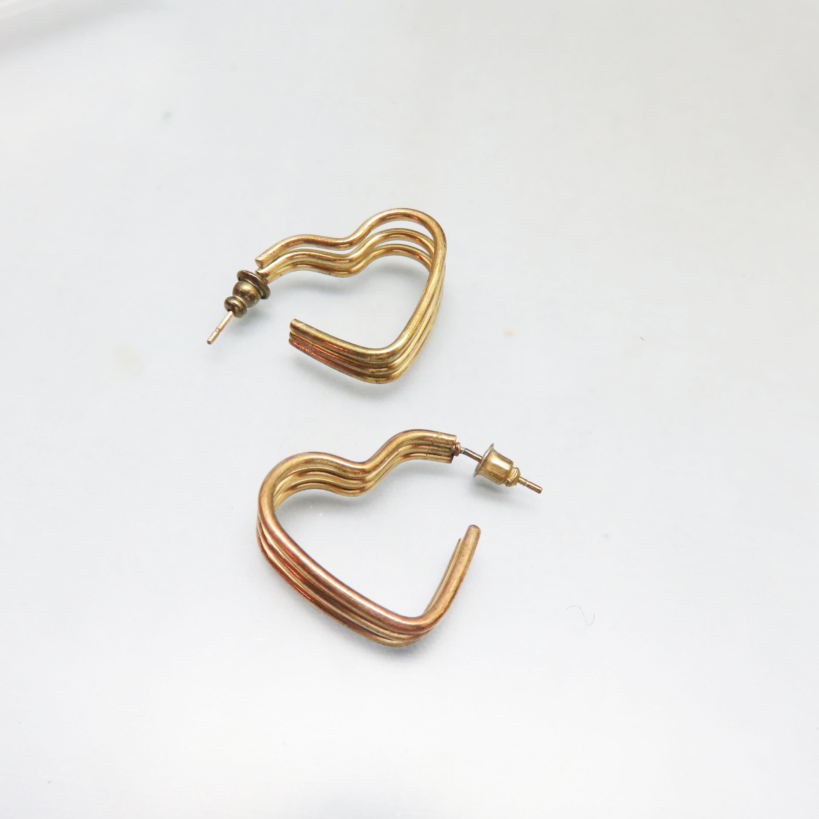 Gold Plated Triple Loop Heart Hoop Earrings, Post Style for Pierced Ears