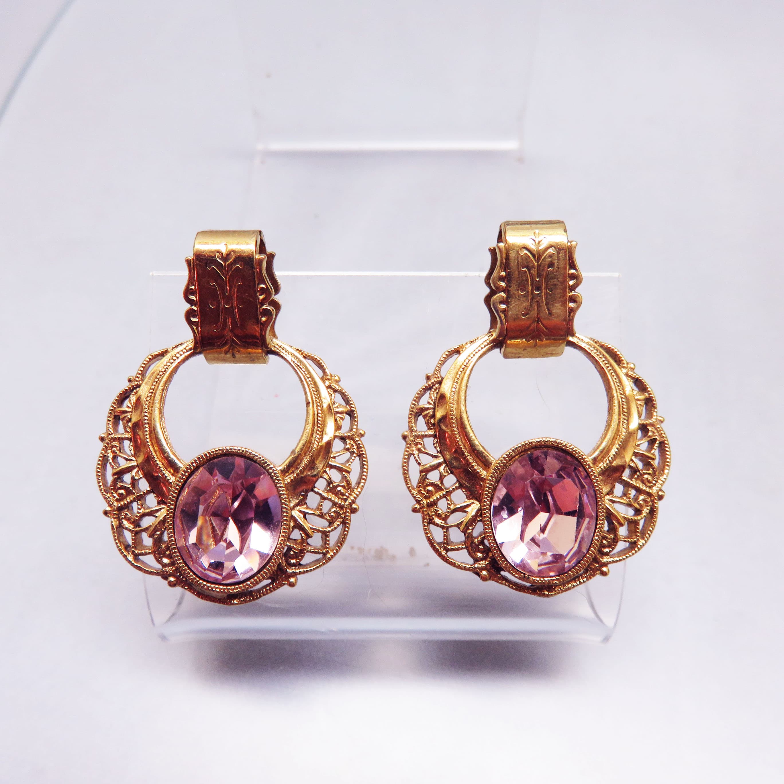 1928 Jewelry Company Rose Pink Rhinestone Pierced Door Knocker Earrings, Victorian Style