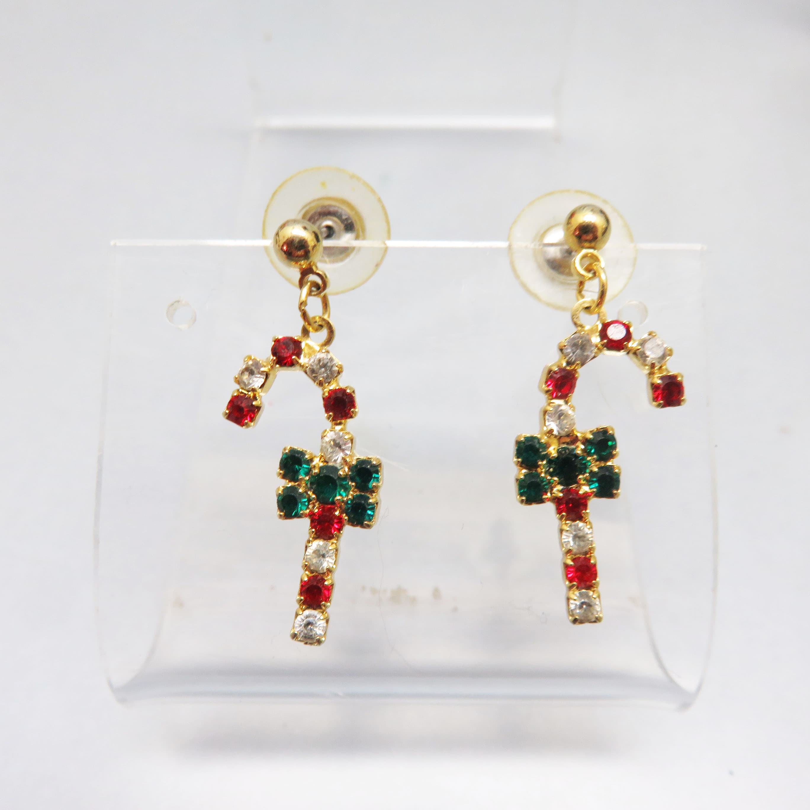 Vintage Red, White and Green Rhinestone Candy Cane Christmas Pierced Earrings