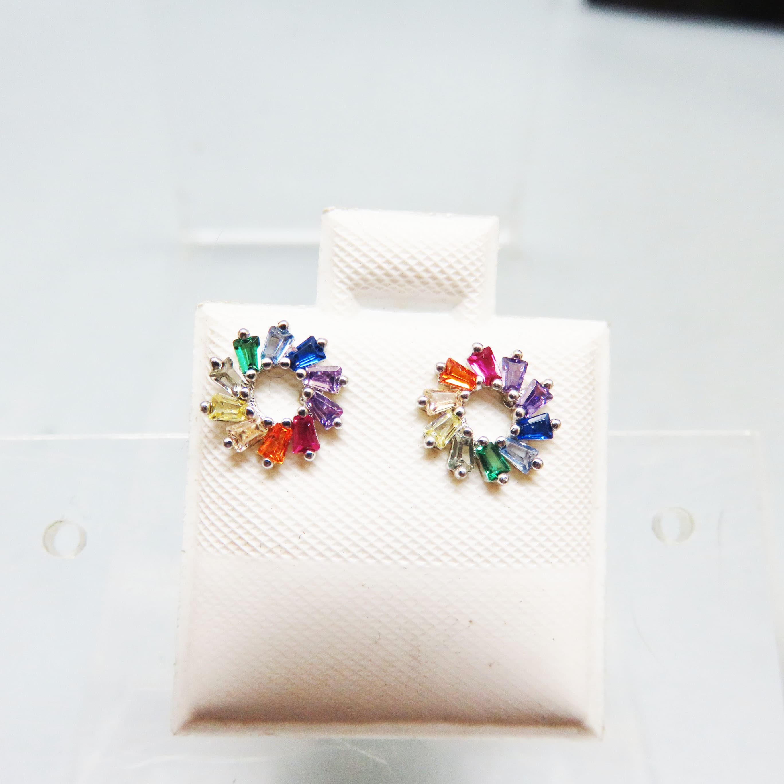 Tiny Color Wheel of Cubic Zirconia Stones Pierced Earrings, Sterling Silver