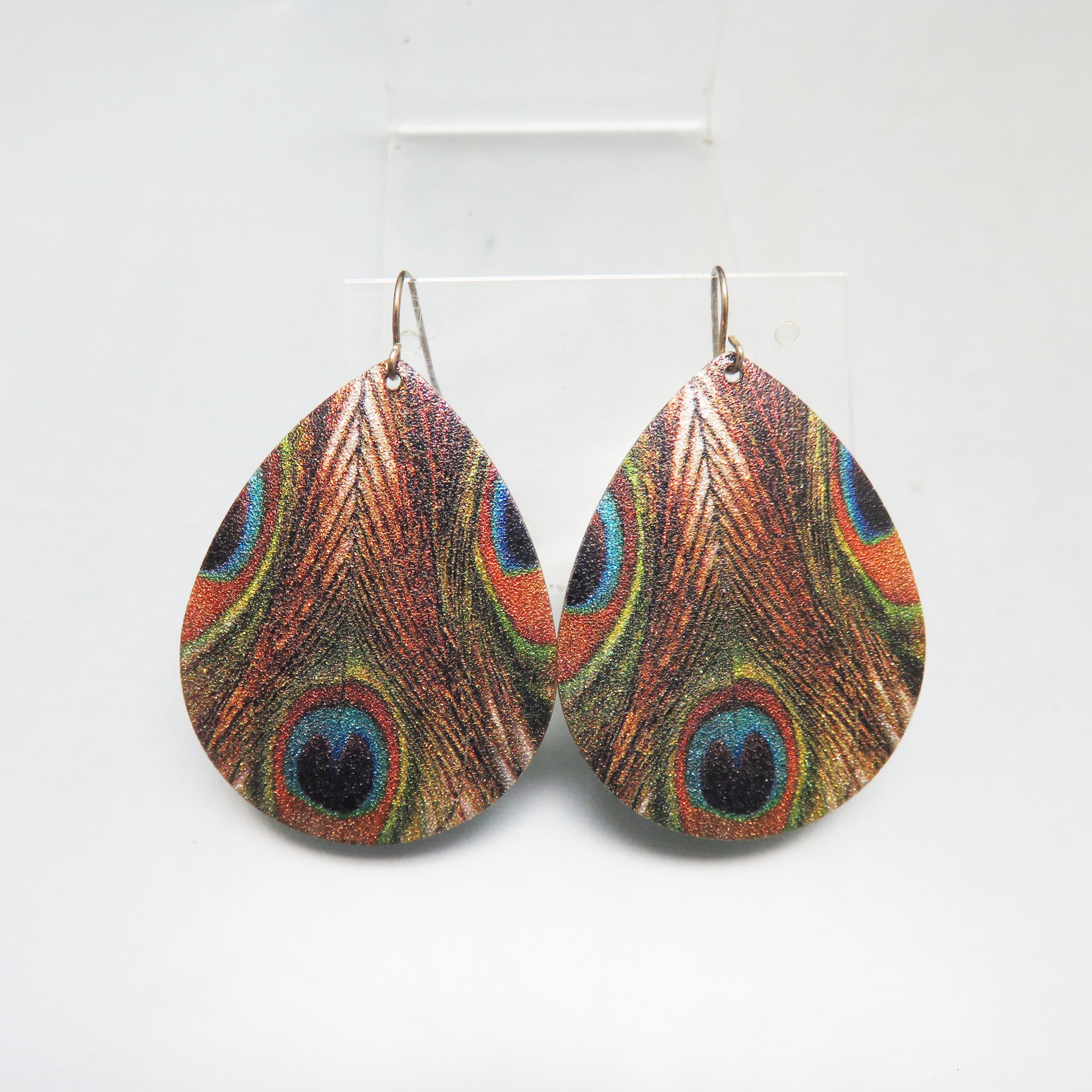 Printed Peacock Feather Pattern French Hook Earrings, Big Vintage Pierced Earrings 