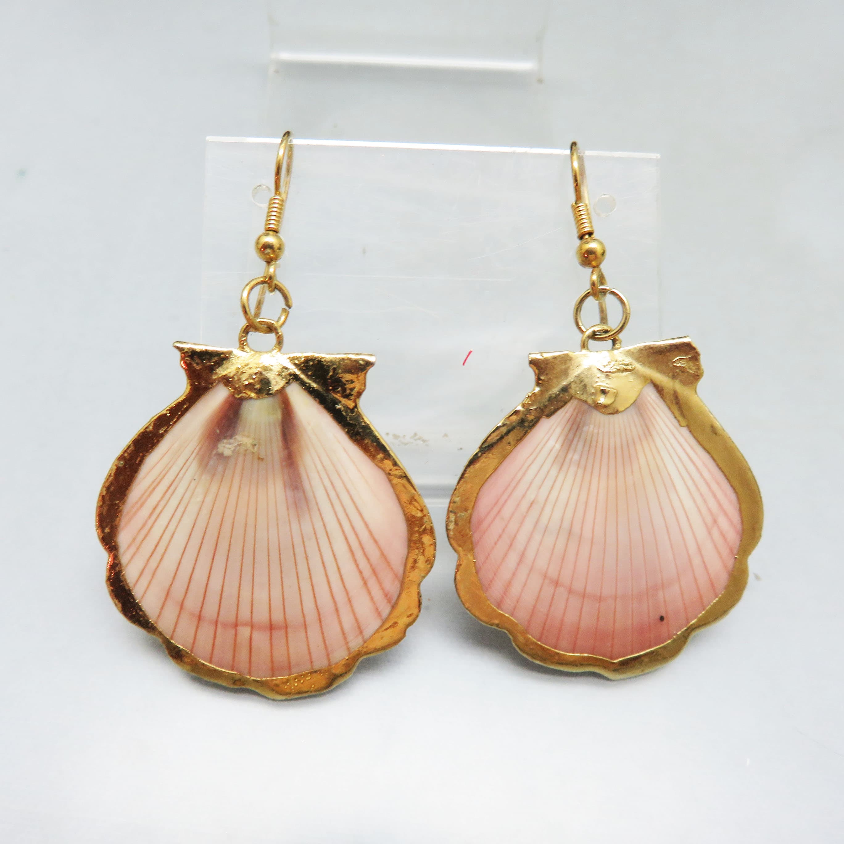 Real Pale Pink Shell Vintage Pierced Earrings, Electroformed Setting, French Hooks