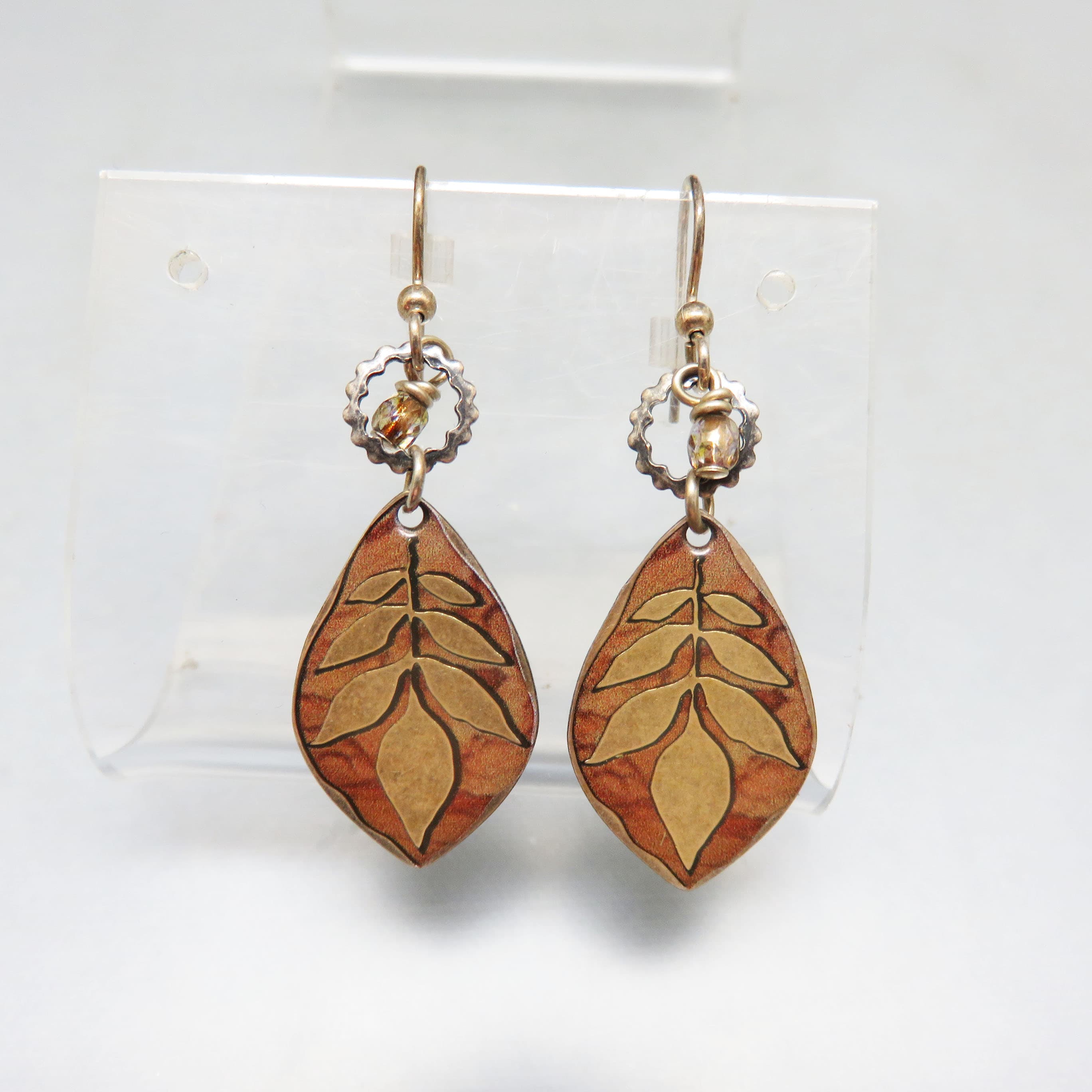 Golden Leaf in Resin Pierced Earrings, Autumnal Vintage Earrings