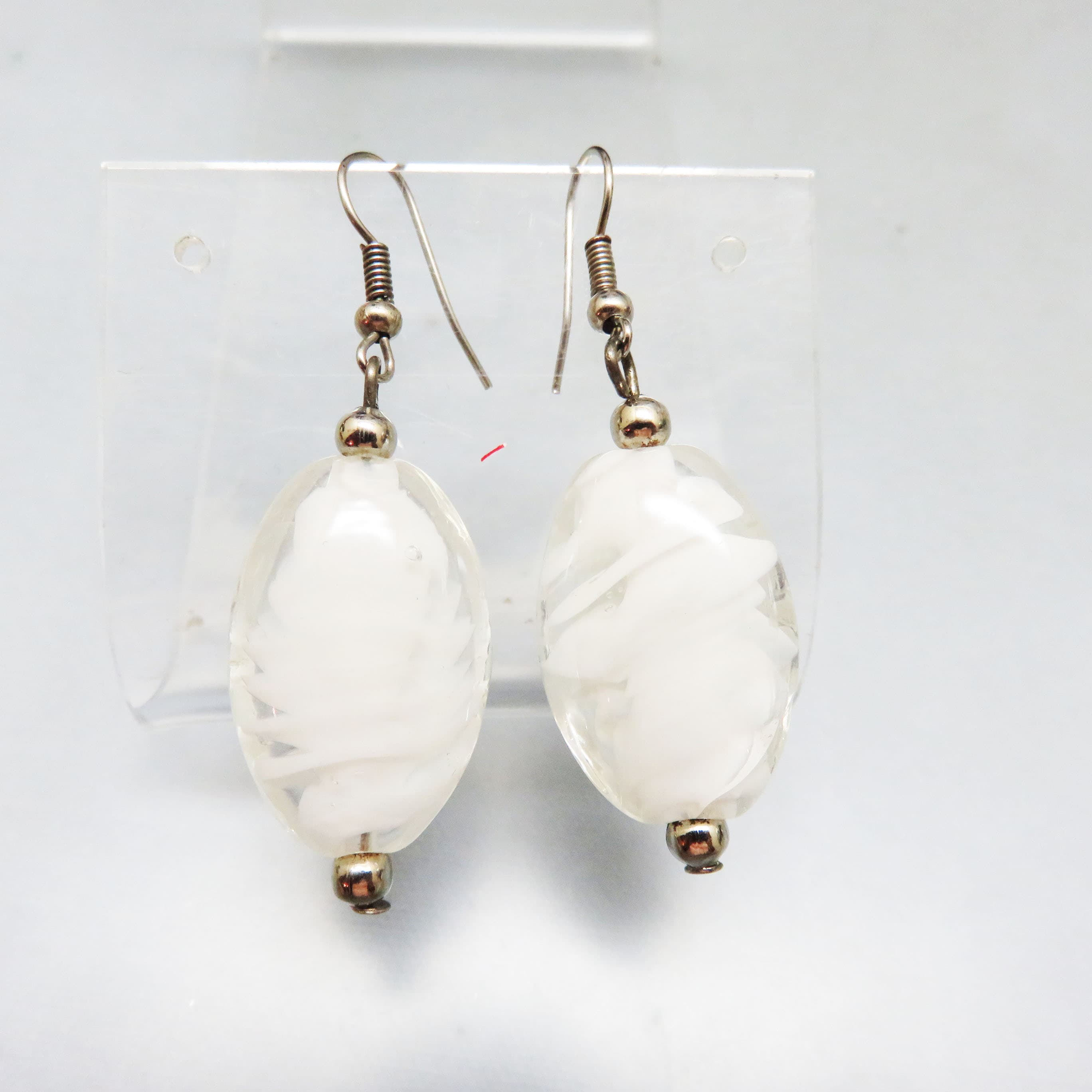 Handblown White and Clear Art Glass Beaded Pierced Earrings