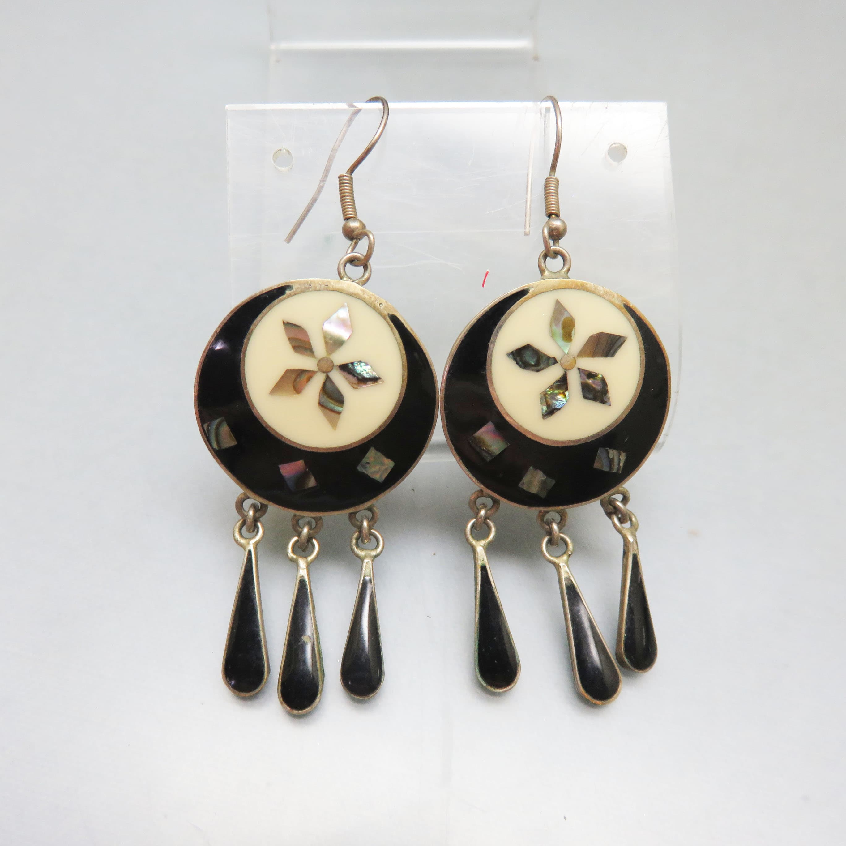 Black and White Alpaca Silver Pierced Earrings, Vintage Mexican Abalone Shell Dangle Earrings