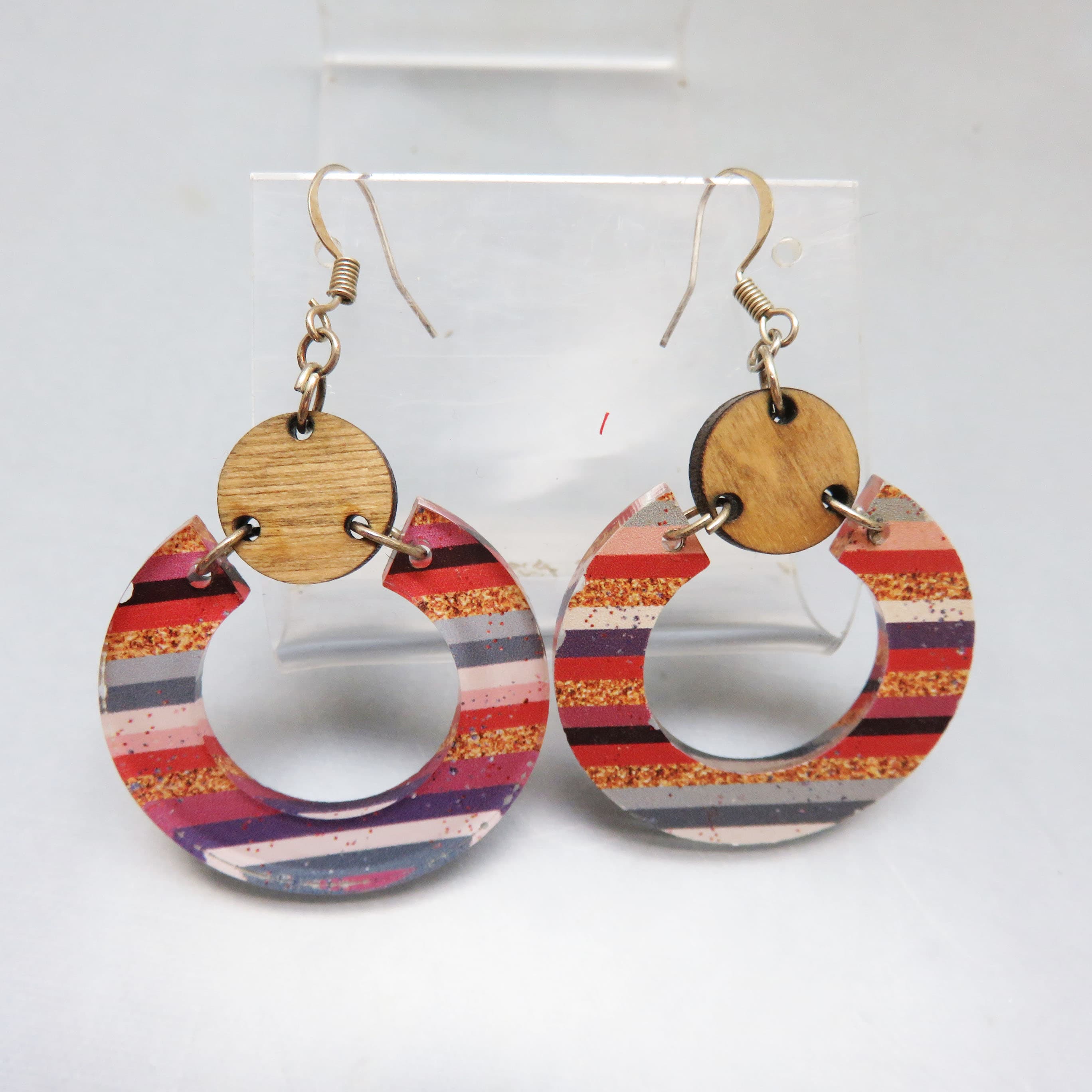 Madras Colored Resin Hoop Pierced Earrings, Wood Accent