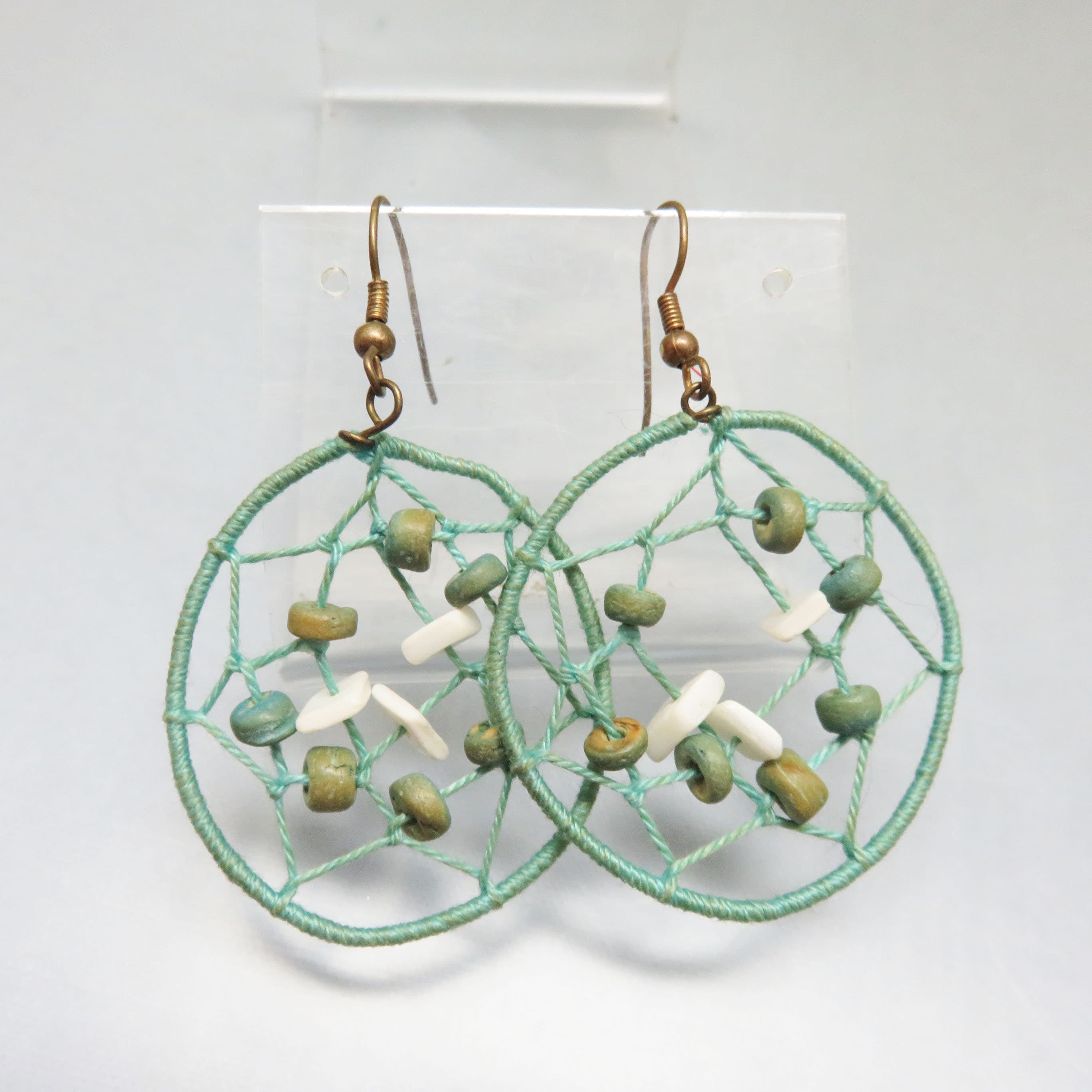 Modern Dreamcatcher Pierced Earrings, Sea Green and White