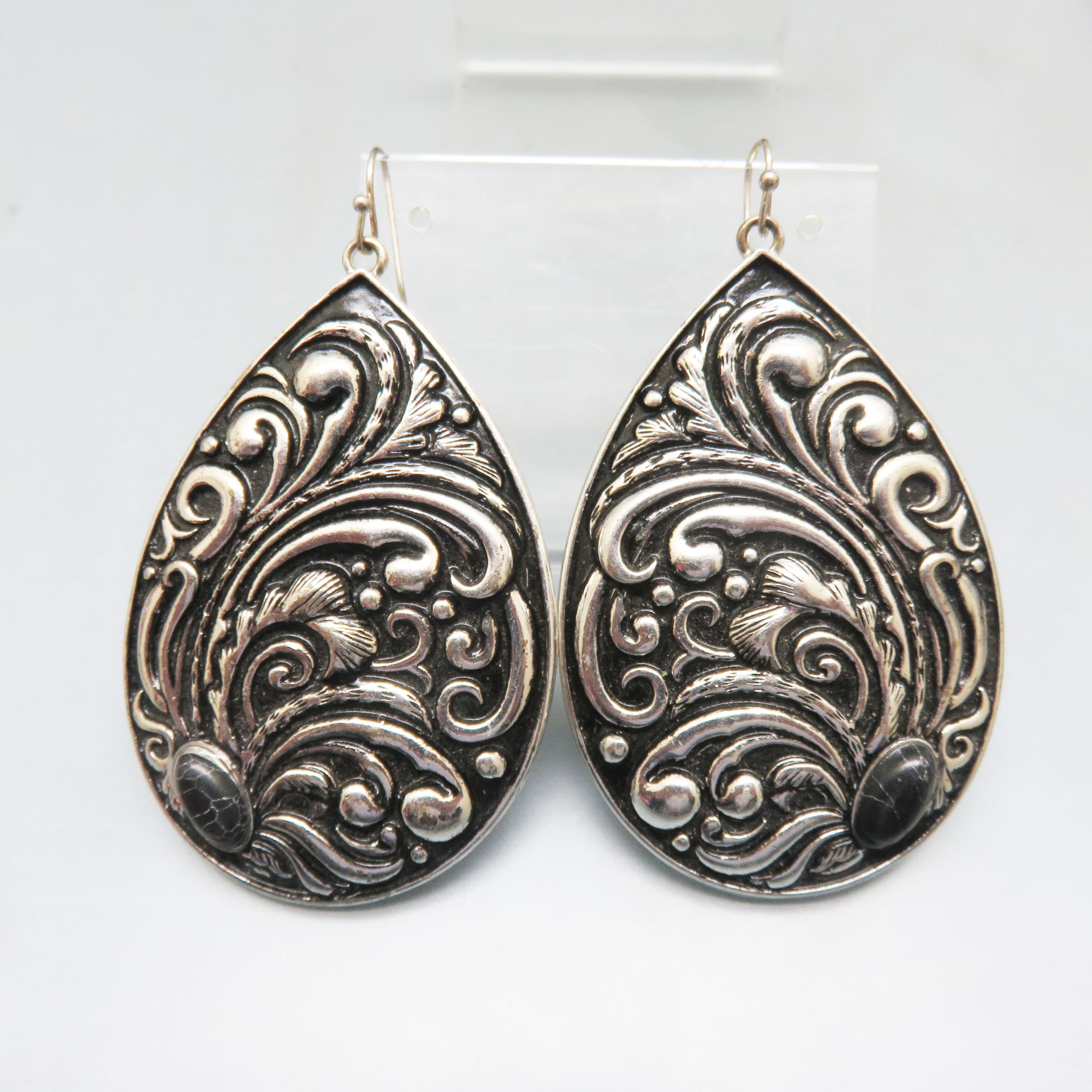 Silverplated Embossed Metal Teardrop Pierced Earrings, Faux Onyx Accented Earrings, Western Style Earrings