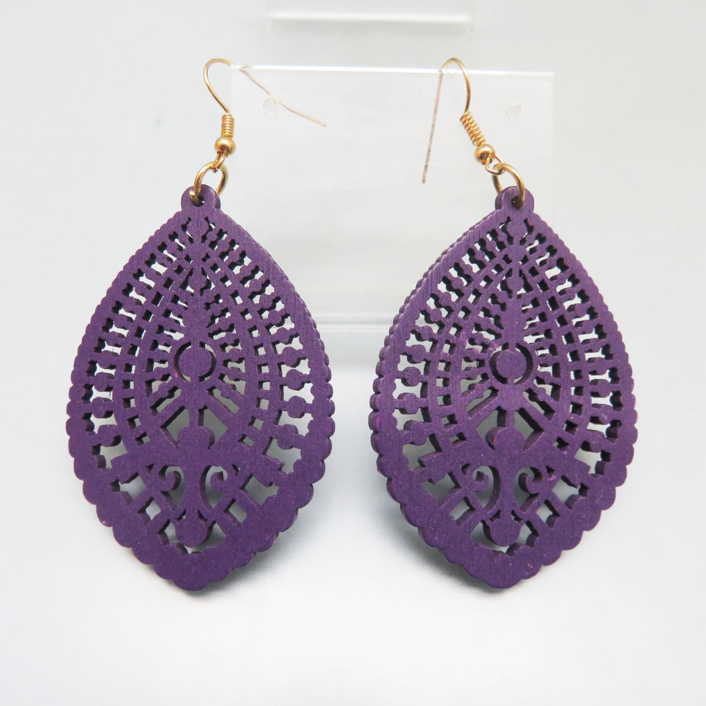 Royal Amethyst Filigree Teardrop Earrings – Lightweight Statement Drops in Intricate Laser-Cut Wood Design