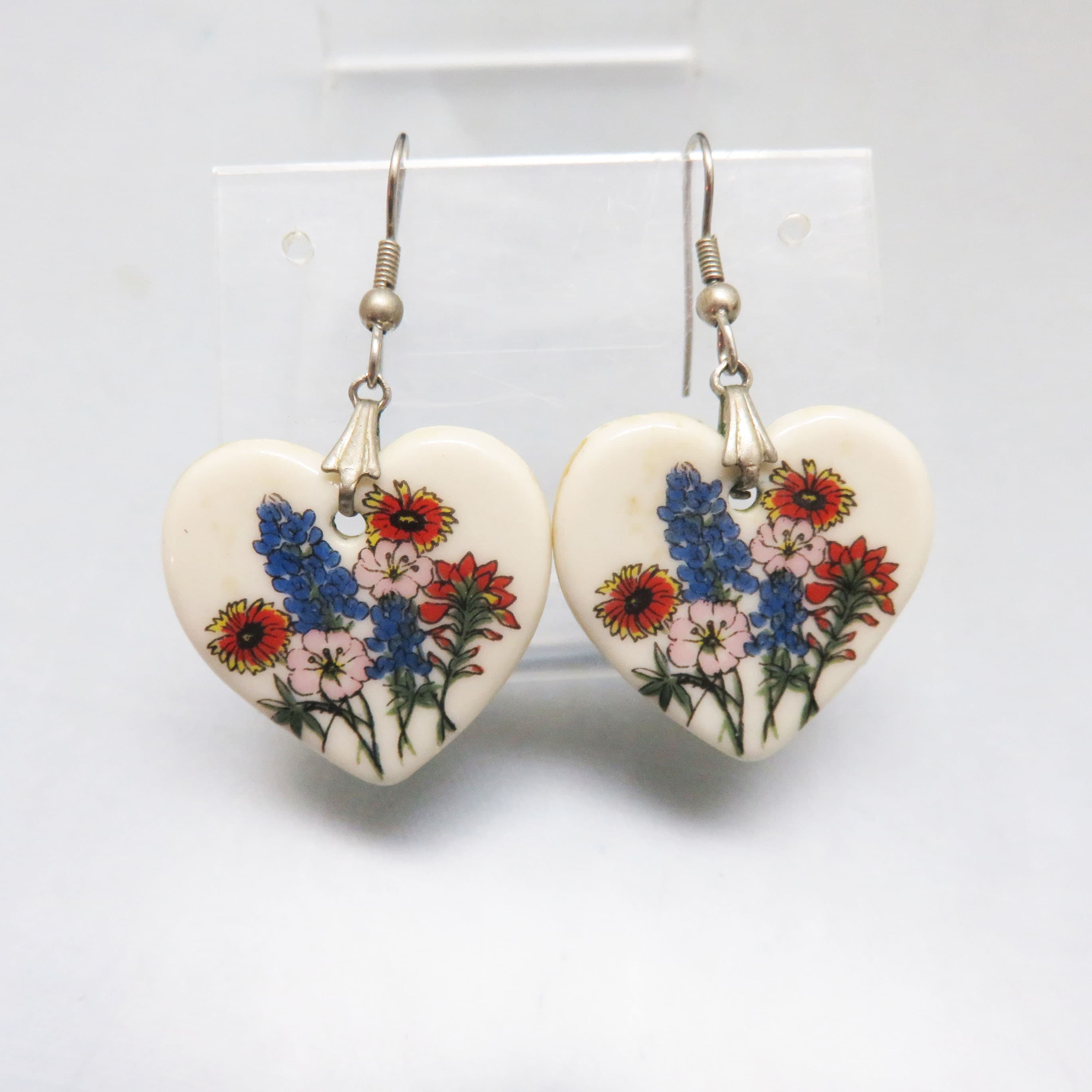 Wildflower Heart Earrings – Romantic Botanical Heart Drops with Cottage Garden Floral Artwork