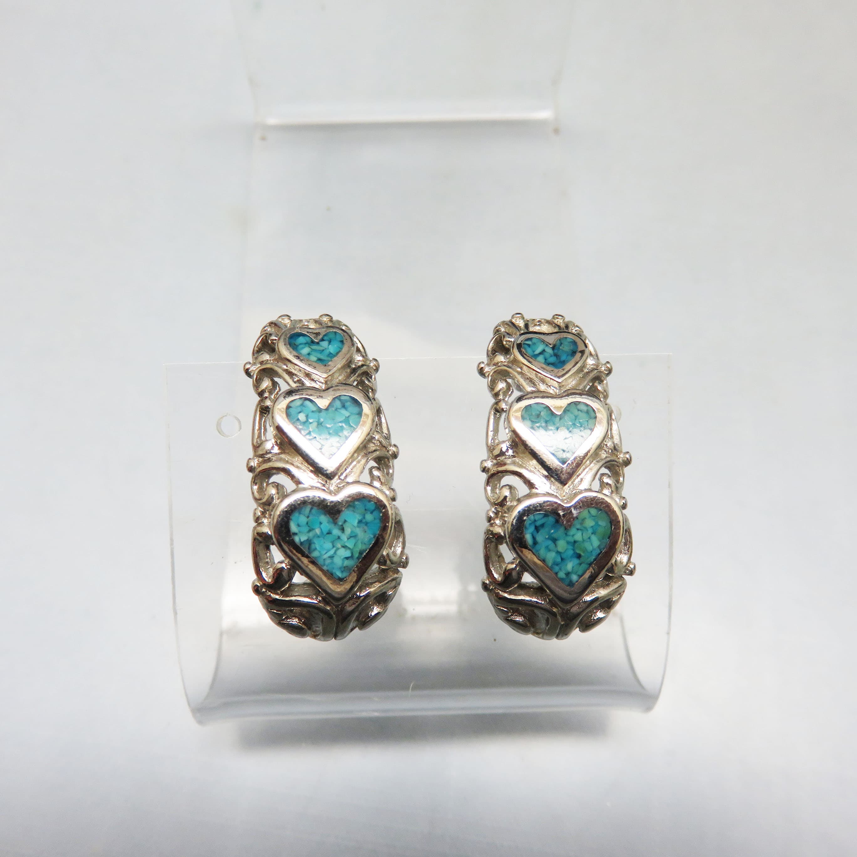 Turquoise Heart Hoop Earrings – Silver Plated Filigree Hoops with Inlaid Turquoise Hearts