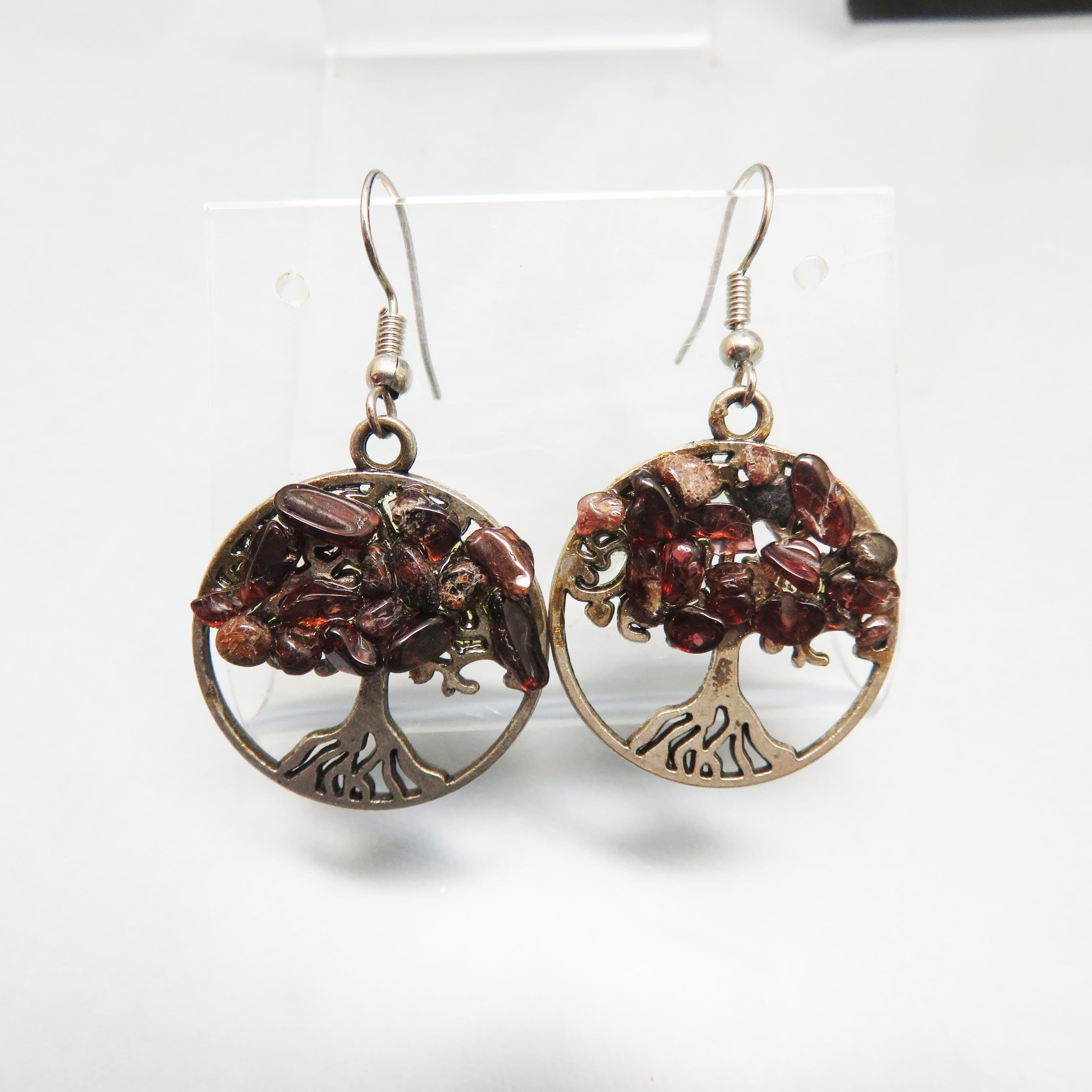 Tree of Life Garnet Earrings – Genuine Montana Garnet Nugget Drops in Artisan Silver-Tone Setting