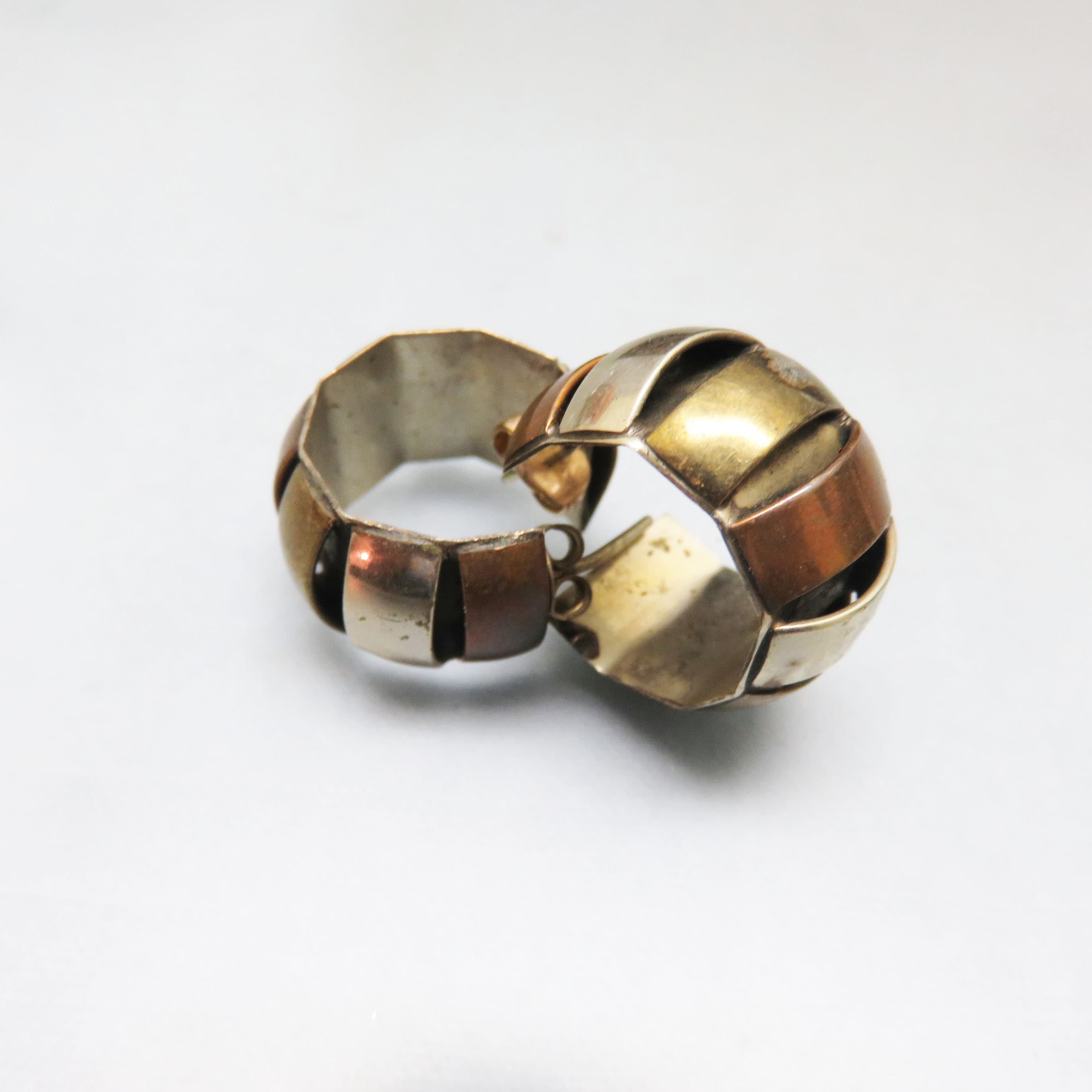 Vintage Handmade Mixed Metal Hoop Earrings, Copper Brass and Silver Tone Post Earrings, Artisan Geometric Hoops, Modernist Jewelry, Boho Statement Earrings
