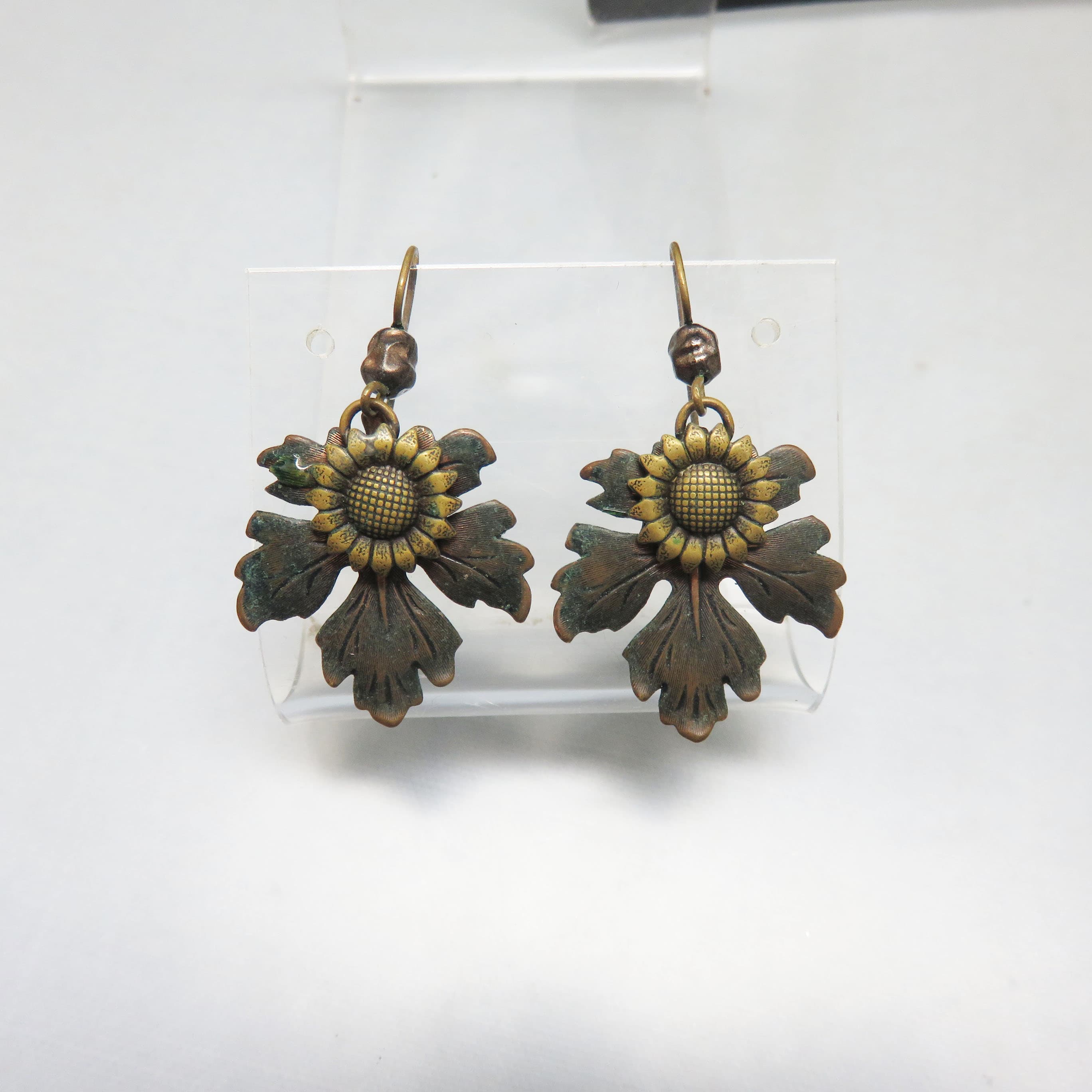 Vintage Sunflower Dangle Earrings, Aged Brass Flower Earrings, Rustic Botanical Jewelry, French Hook Earrings, Cottagecore Floral Earrings, Nature Inspired Gift