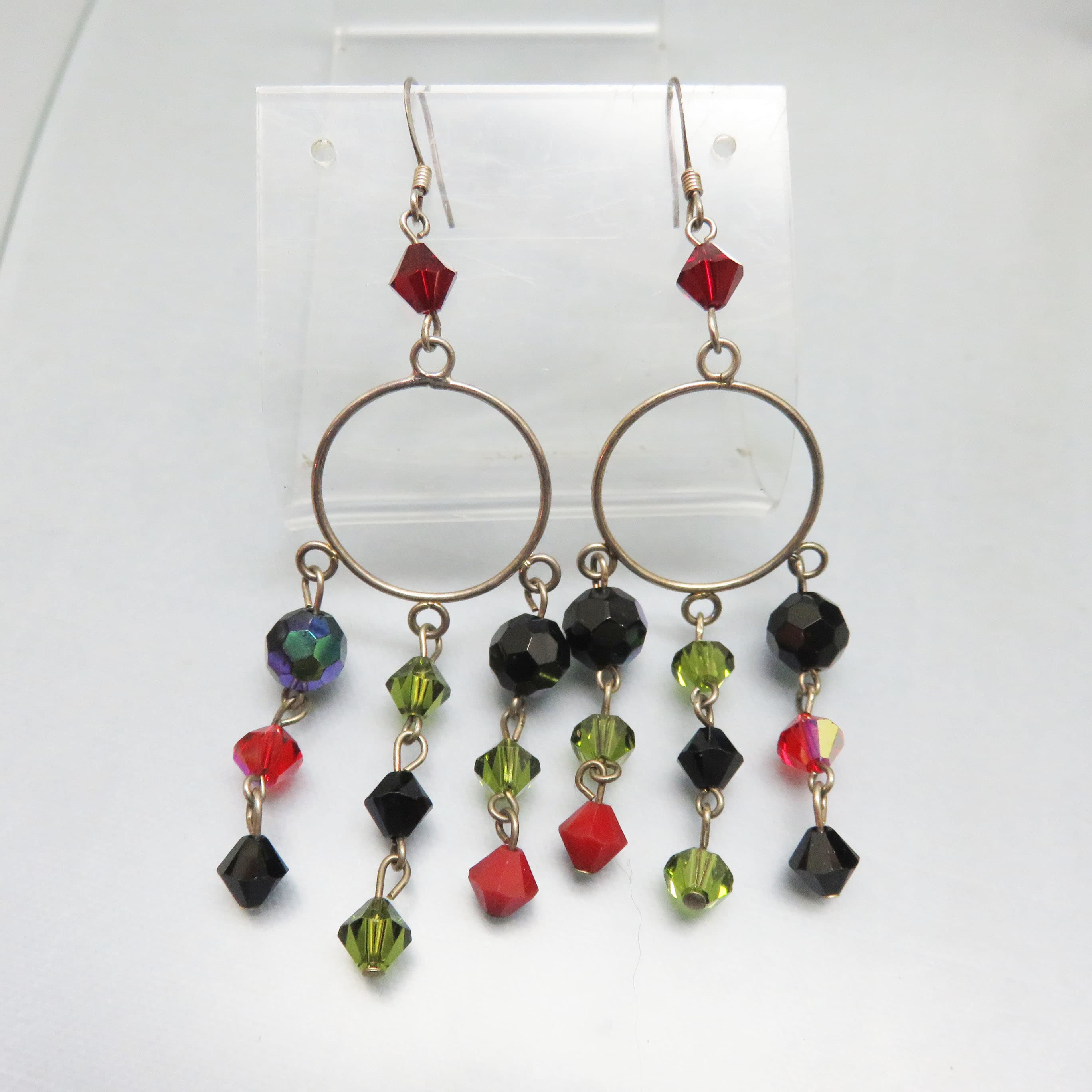 Vintage Austrian Crystal Chandelier Earrings, Long Dangle Crystal Earrings, Red Black Green Crystal Earrings, Statement Earrings, Holiday Jewelry
