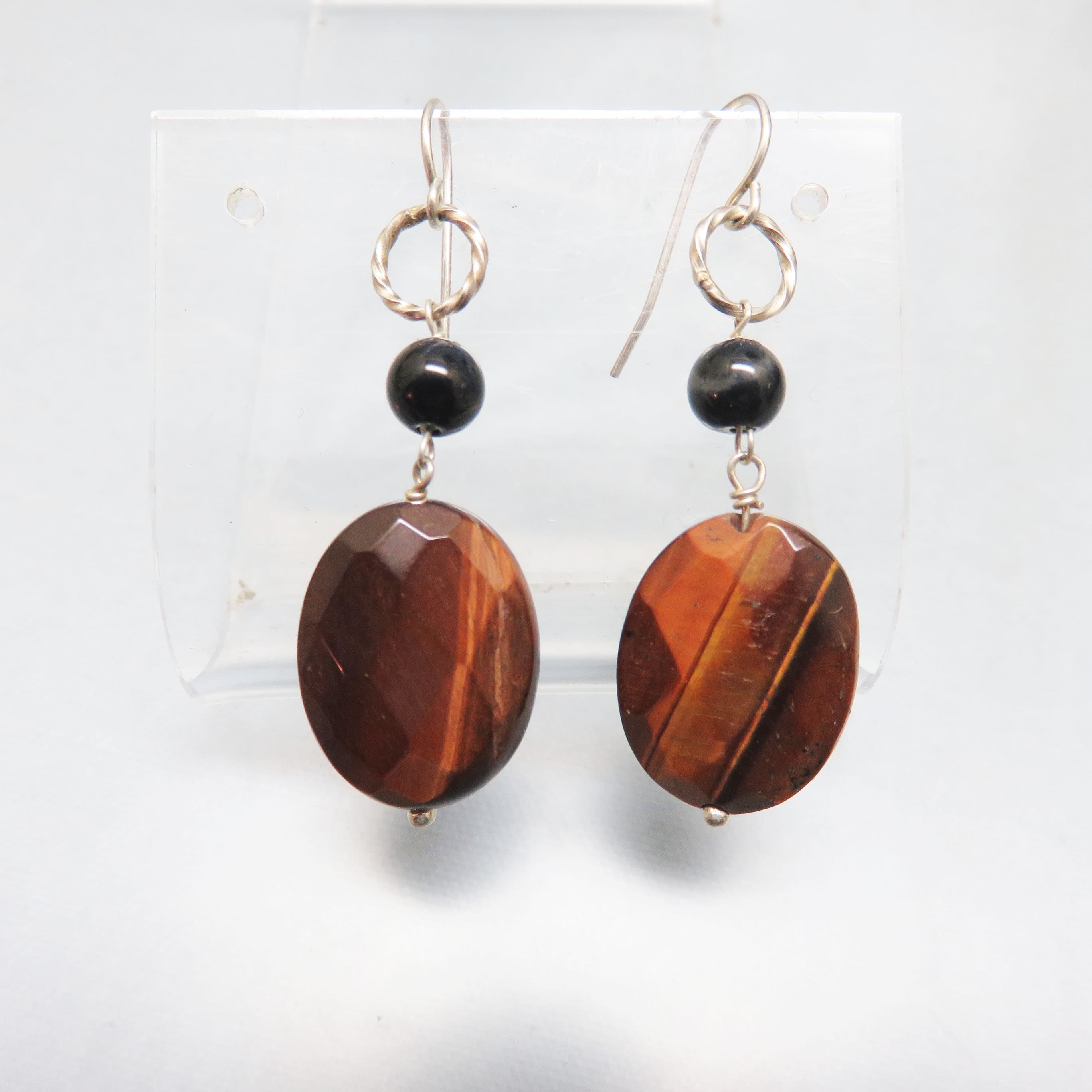 Sterling Silver Red Tiger's Eye & Black Onyx Earrings, Faceted Gemstone Dangle Earrings, Handmade Sterling French Hook Earrings