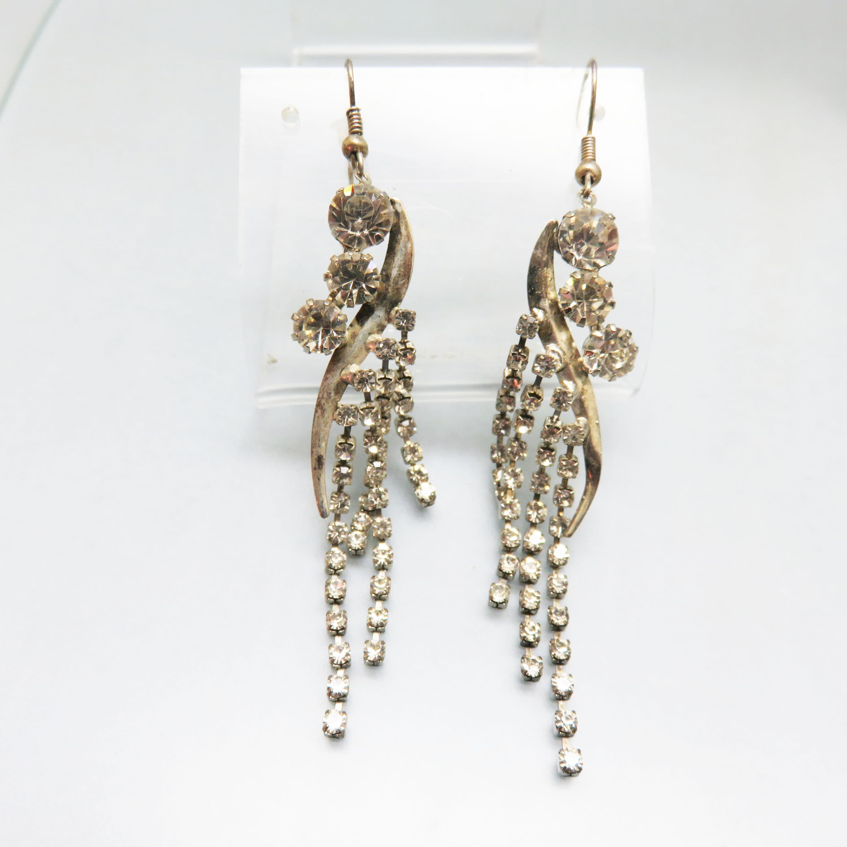 Vintage Rhinestone Waterfall Dangle Earrings, Hollywood Glamour Earrings, Crystal Fringe Earrings, Silver Tone Statement Jewelry, Evening Wedding Earrings