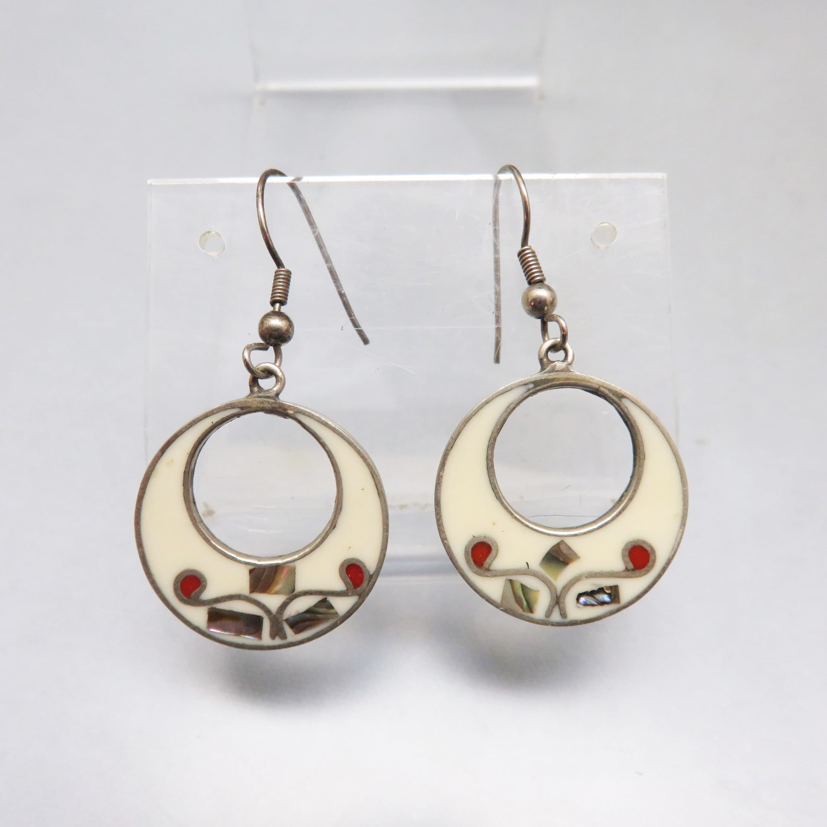 Sweet White Enamel Abalone Shell Mexican Dangle Pierced Earrings, Vintage Mexican Alpaca Silver Earrings