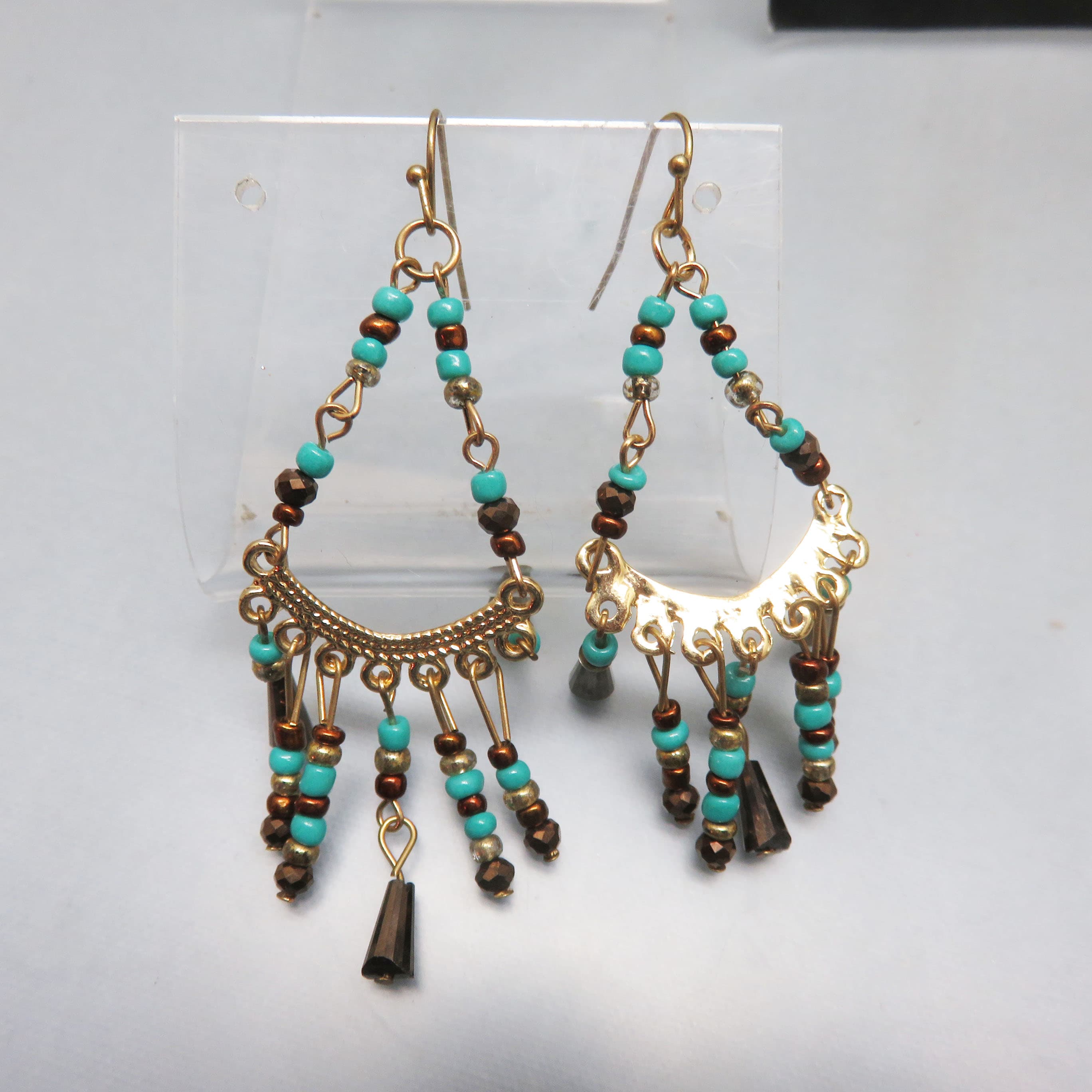 Cool Bohemian Copper and Turquoise Glass Bead Chandelier Pierced Earrings