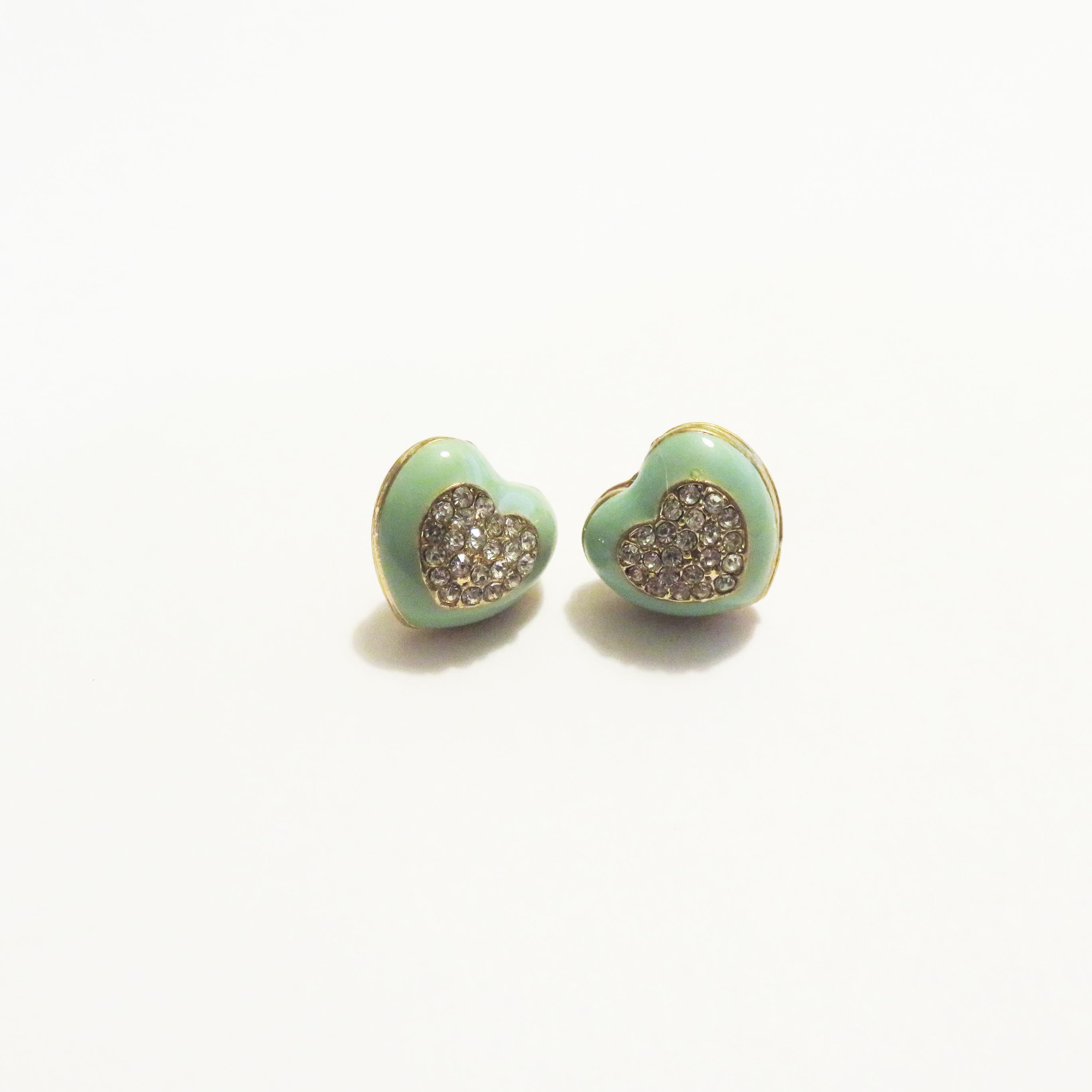 Vintage Mint Green Heart Rhinestone Stud Earrings | Gold Tone Sweetheart Post Earrings | Romantic Cottage Chic Jewelry