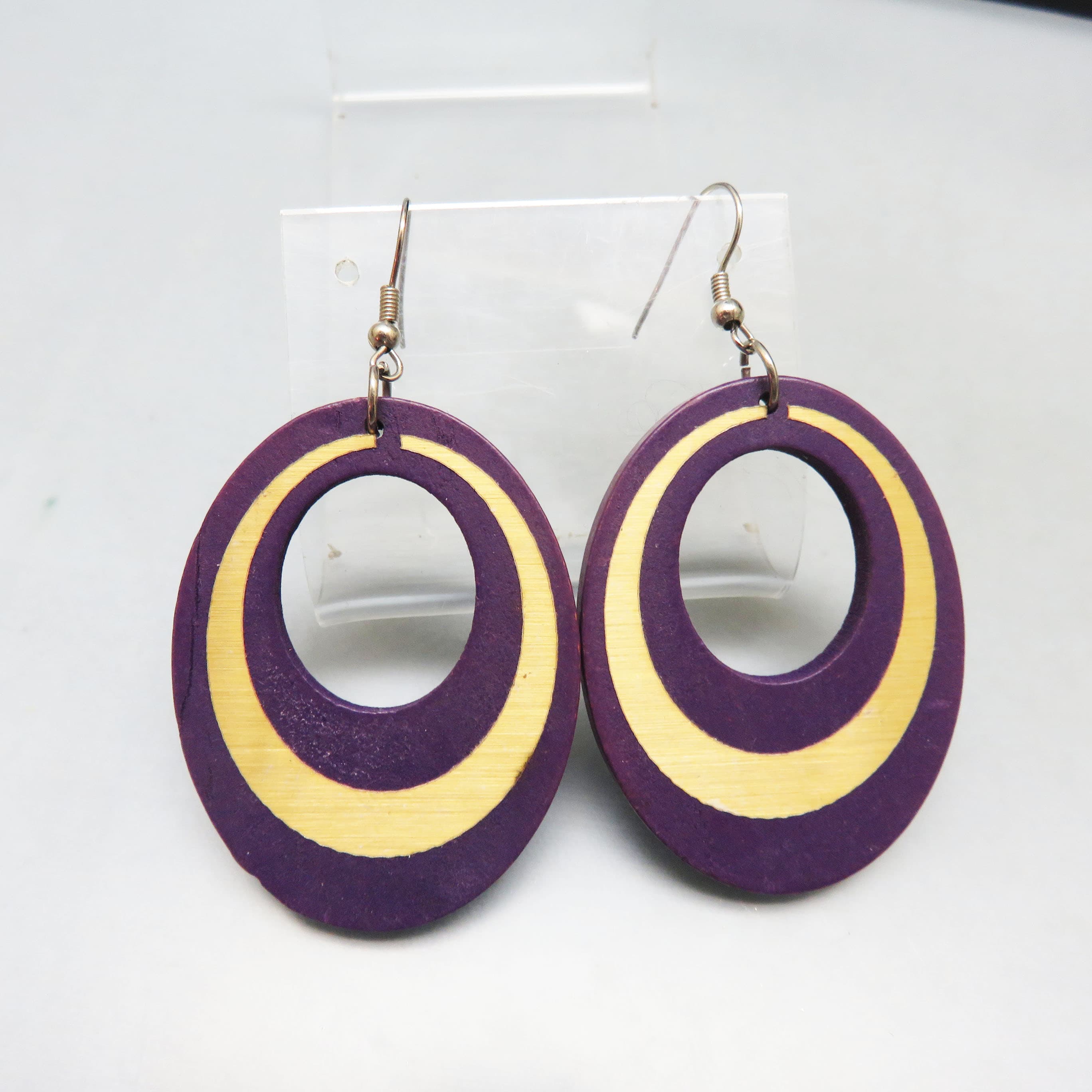 Vintage Purple Wood & Brass Oval Hoop Earrings | Statement Dangle Earrings | Mid-Century Modern Geometric Jewelry
