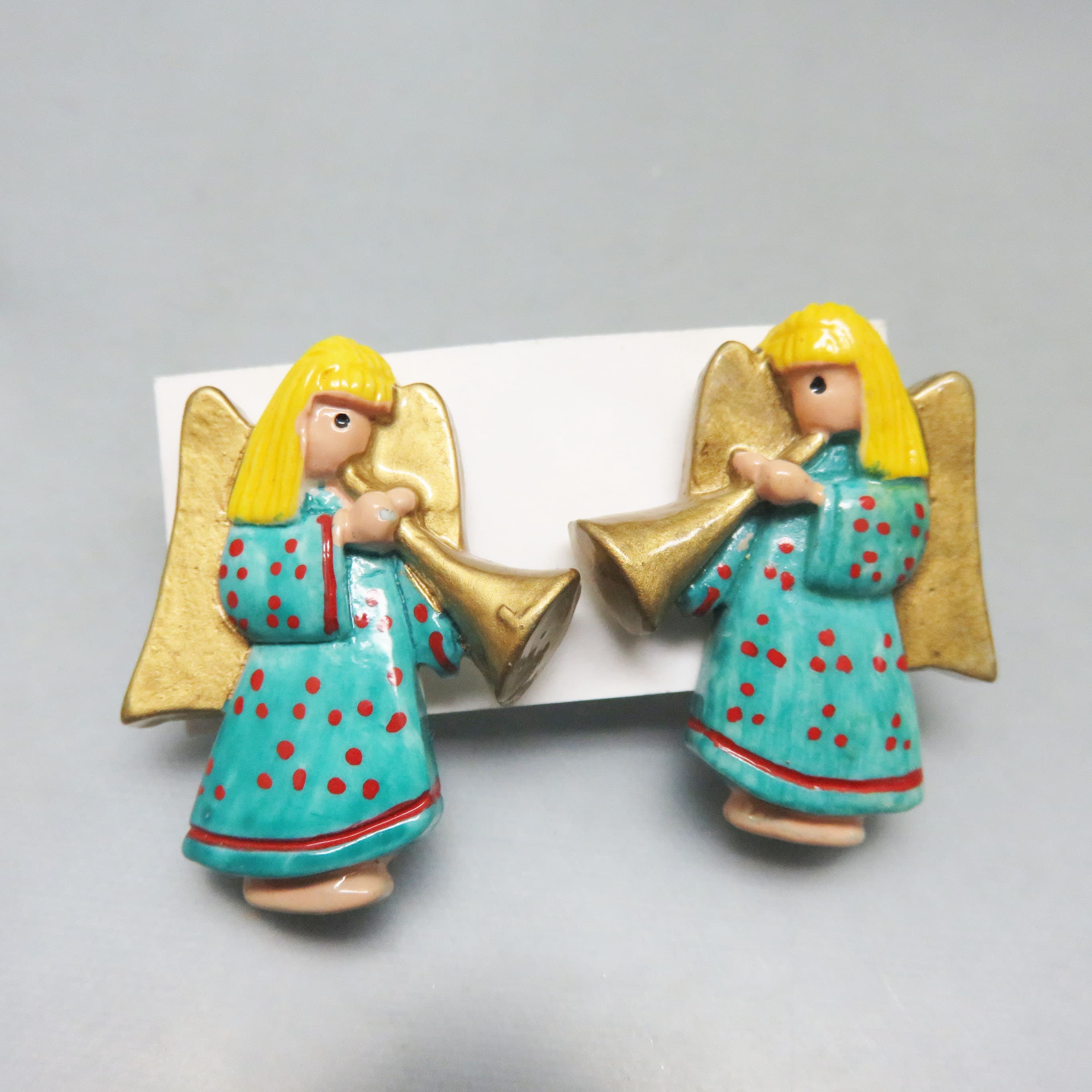 Vintage Hand Painted Christmas Angel Earrings | Whimsical Holiday Resin Pierced Earrings | Angel Trumpet Statement Jewelry