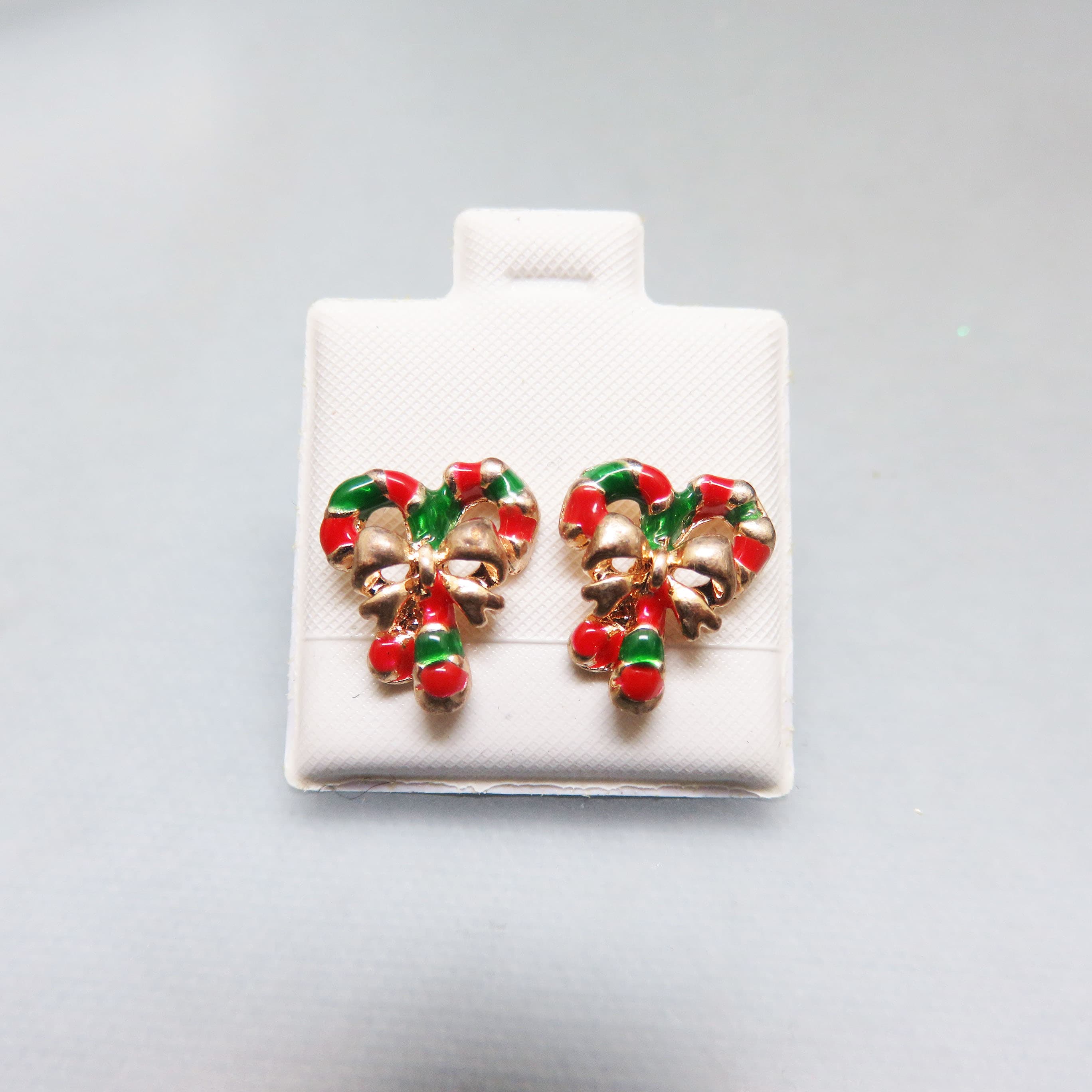 Petite Hand Painted Enamel Candy Cane Christmas Pierced Earrings, Goldtone Metal
