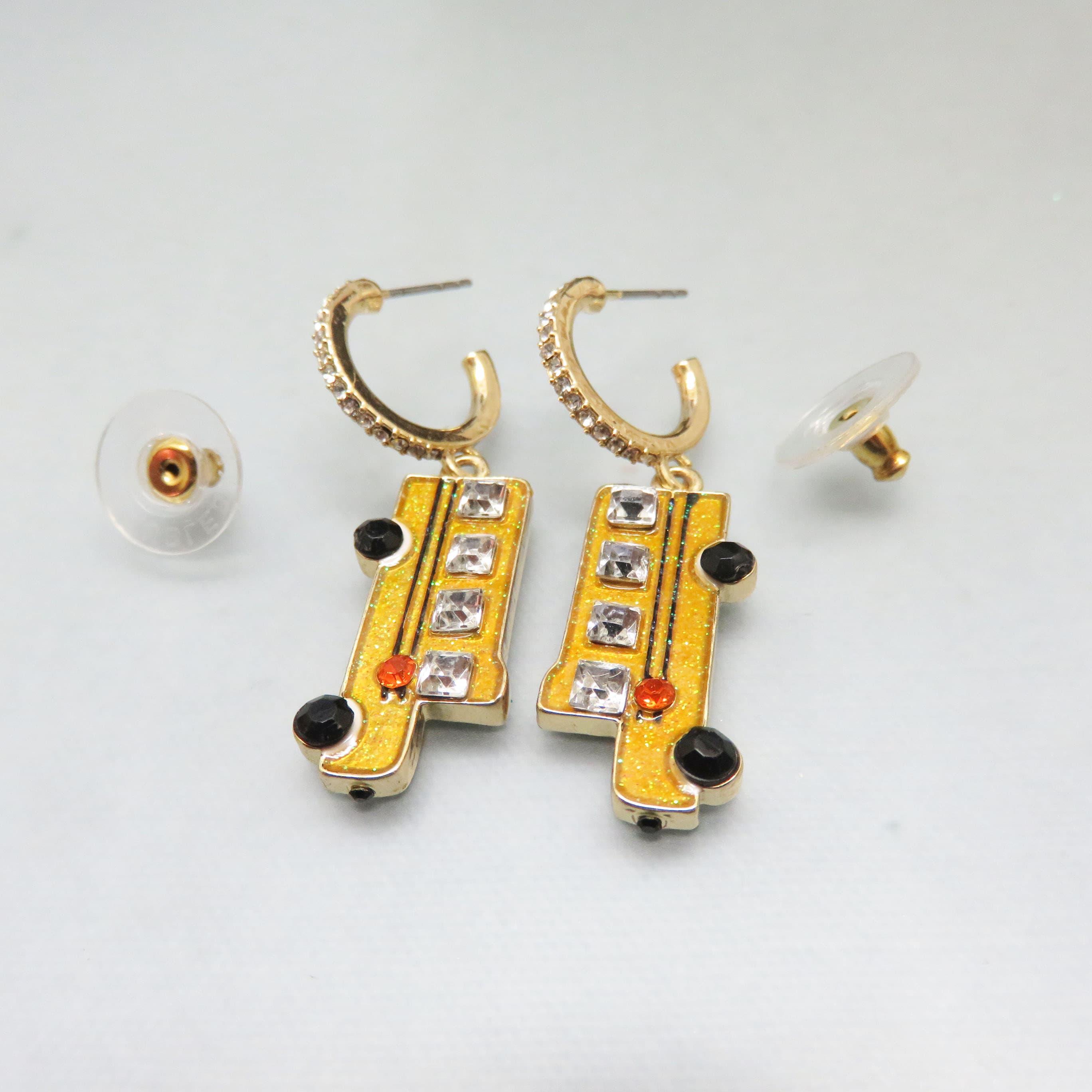 Crystal School Bus Charm Hoop Earrings | Gold Tone Rhinestone Huggy Earrings | Whimsical Teacher & Back to School Jewelry