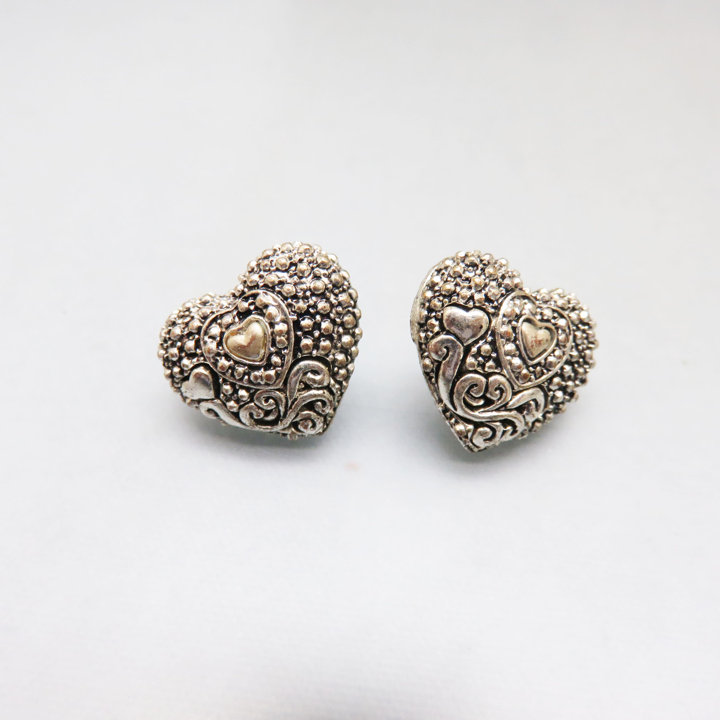 Vintage Silver Plated Heart Earrings | Romantic Scrollwork Heart Studs | Victorian Revival Style Pierced Earrings