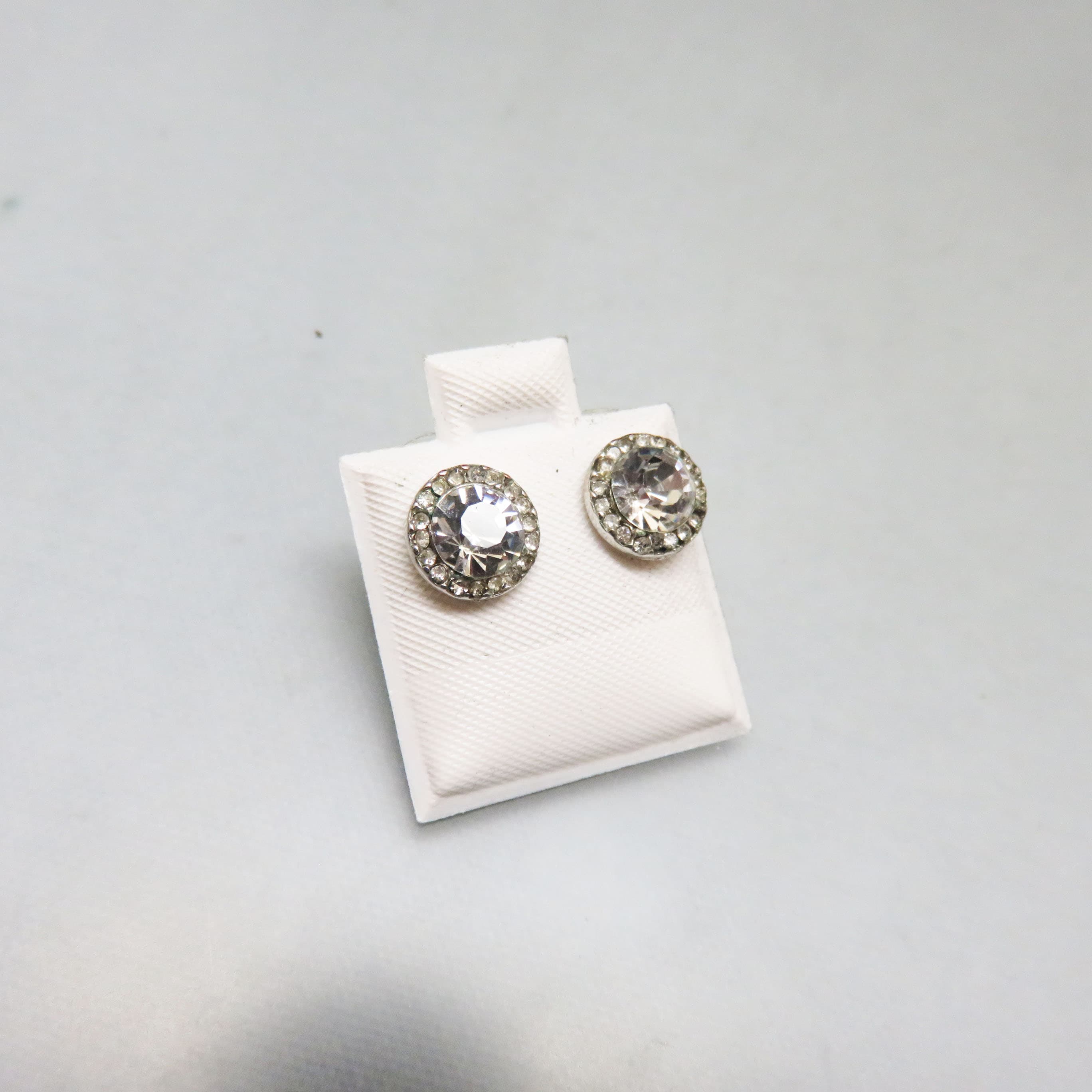 Vintage Crystal Halo Stud Earrings | Clear Rhinestone Button Earrings | Classic Silver Tone Sparkle Jewelry