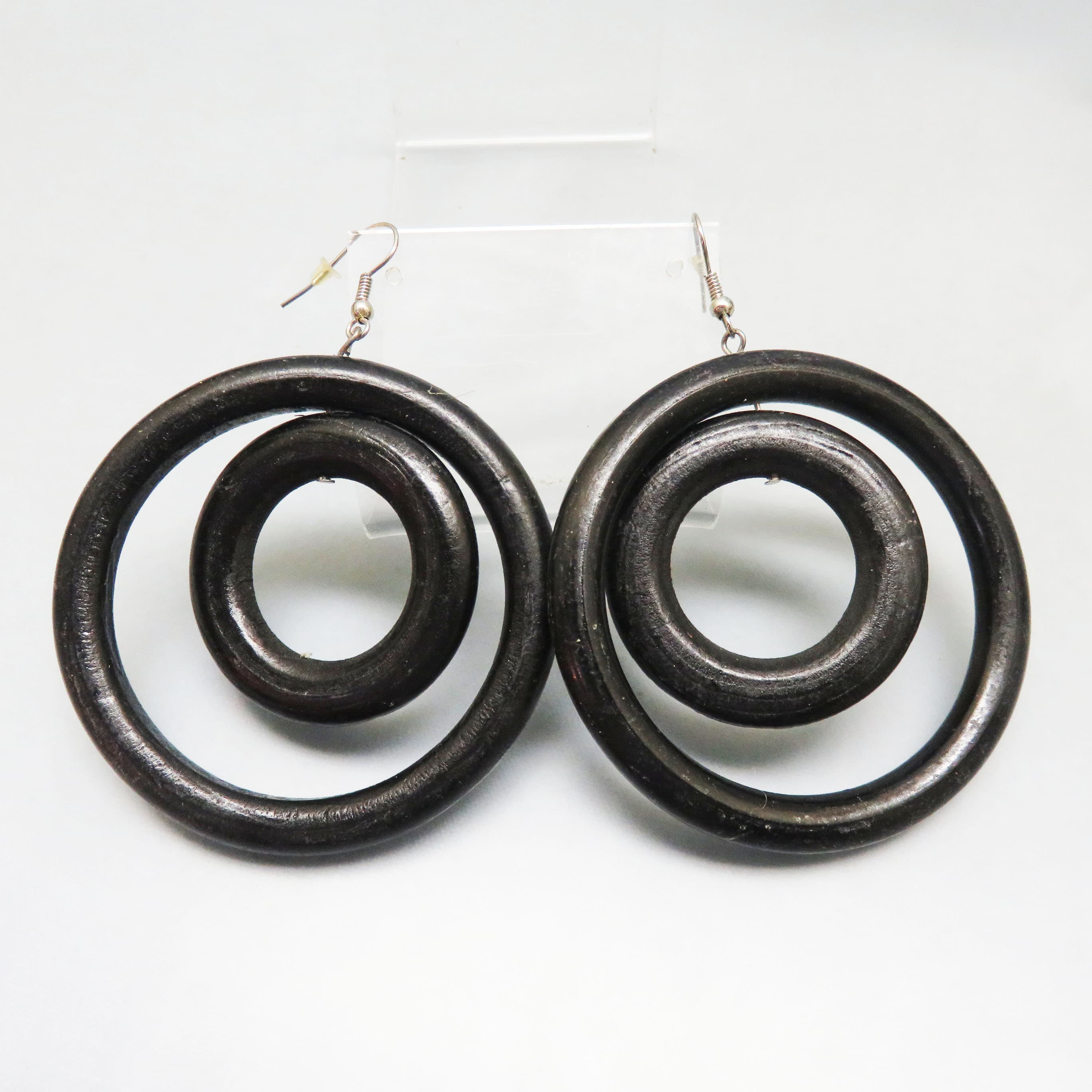 Oversized Ebony Wood Hoop Earrings | Sculptural Double Circle Dangle Earrings | Modernist Statement Jewelry
