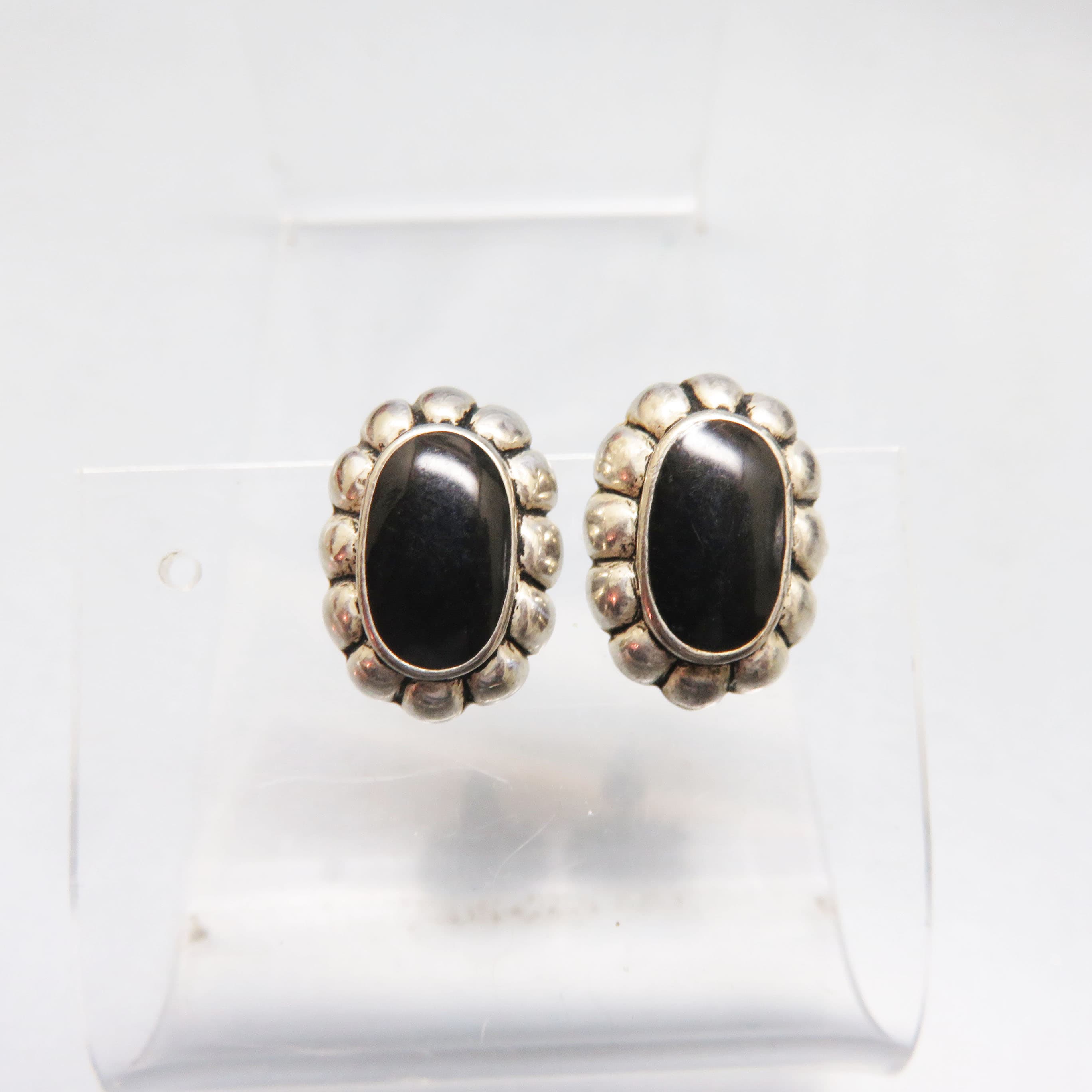 Vintage Black Onyx Cabochon Earrings | Silver Tone Southwestern Style Stud Earrings | Classic Statement Jewelry