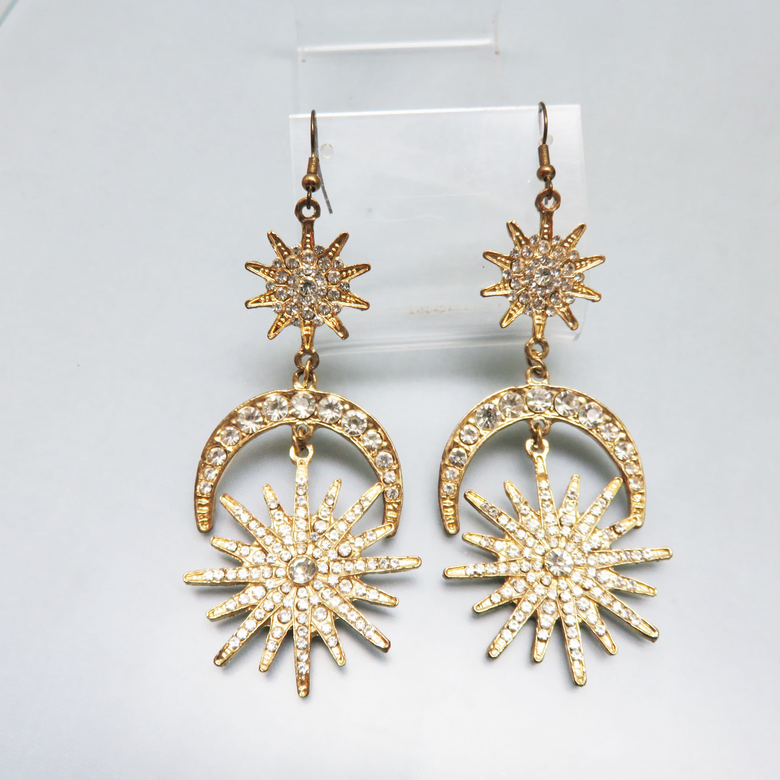 Celestial Rhinestone Sun, Moon & Starburst Earrings | Dramatic Gold Tone Statement Earrings | Cosmic Goddess Jewelry