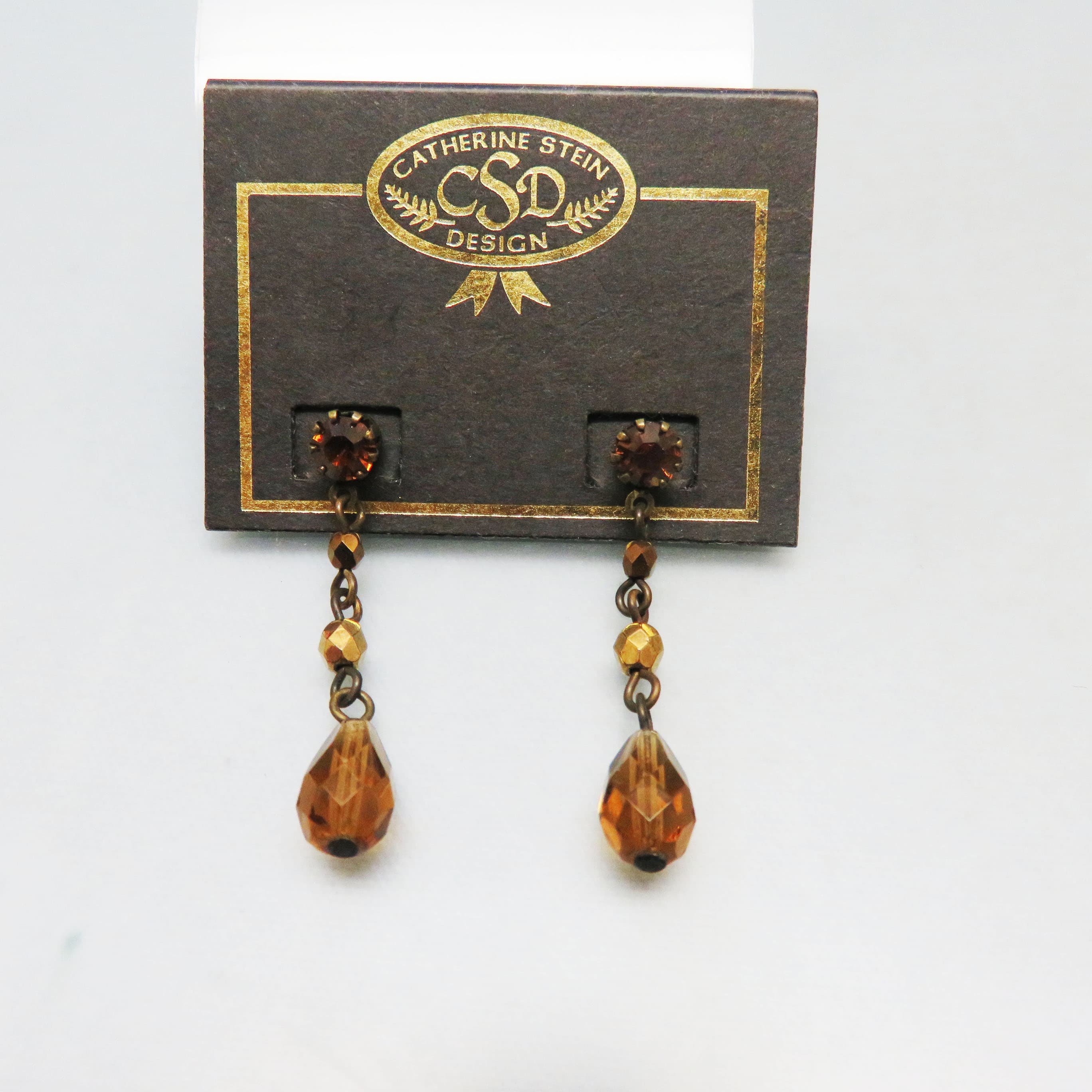 Catherine Stein Design Amber Crystal Teardrop Dangle Earrings | Bronze Tone Beaded Drop Earrings | Artisan Rhinestone Post Earrings