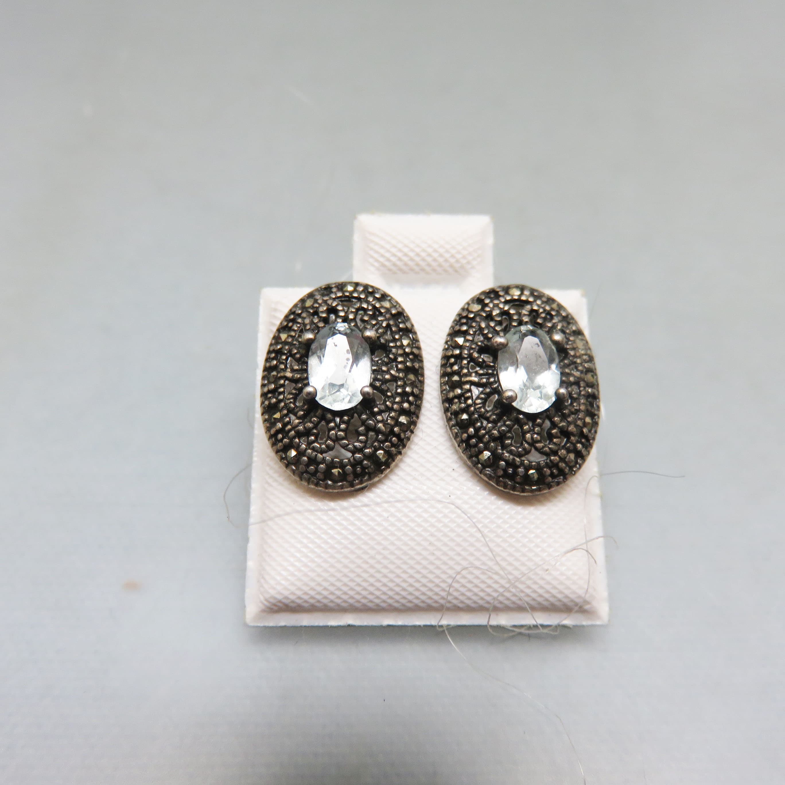 Sterling Silver Blue Topaz & Marcasite Oval Stud Earrings | Vintage-Inspired Gemstone Posts | Art Deco Style Earrings
