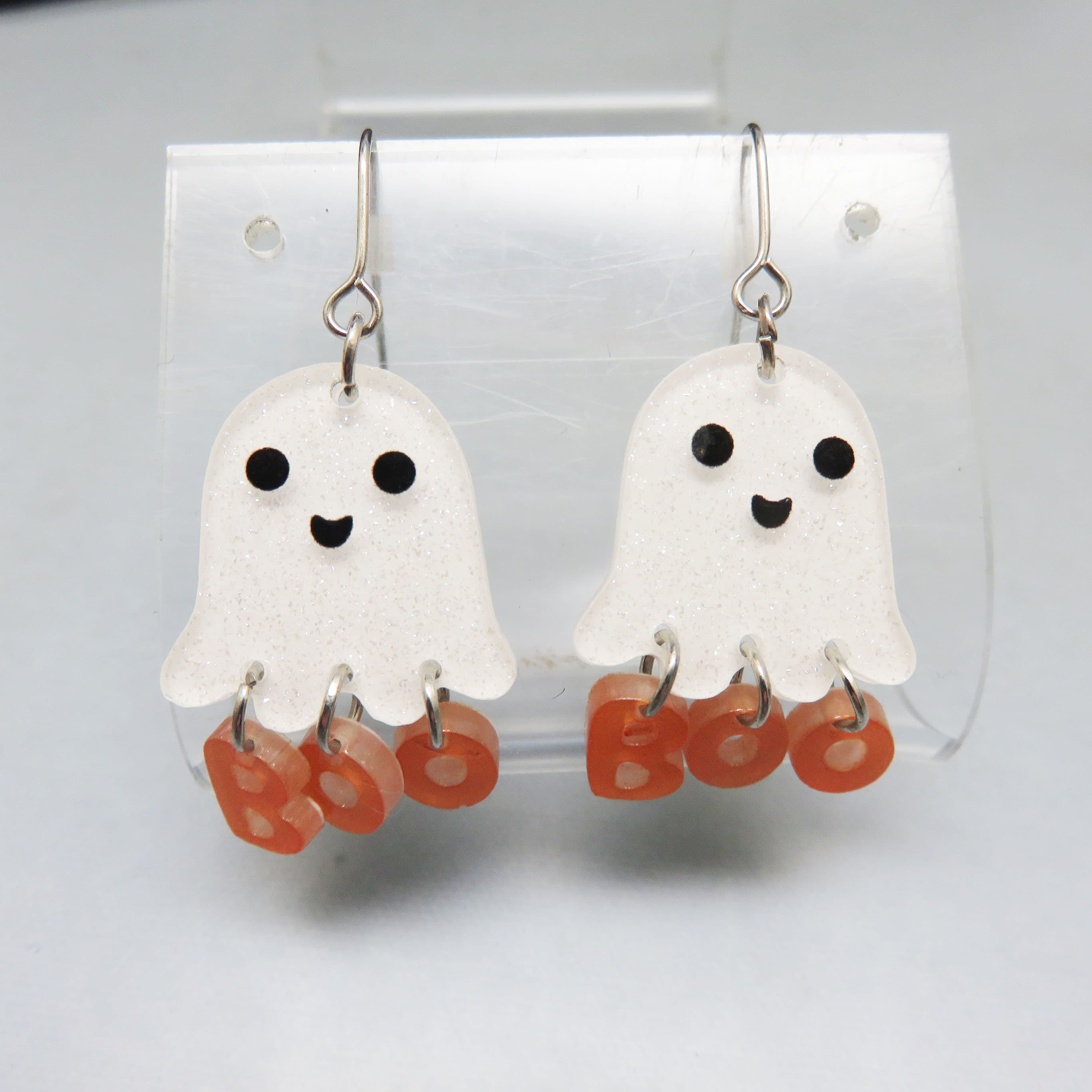 Glitter Resin Ghost Dangle Earrings | Cute Halloween Earrings with Orange Bead Accents | Kawaii Spooky Season Jewelry
