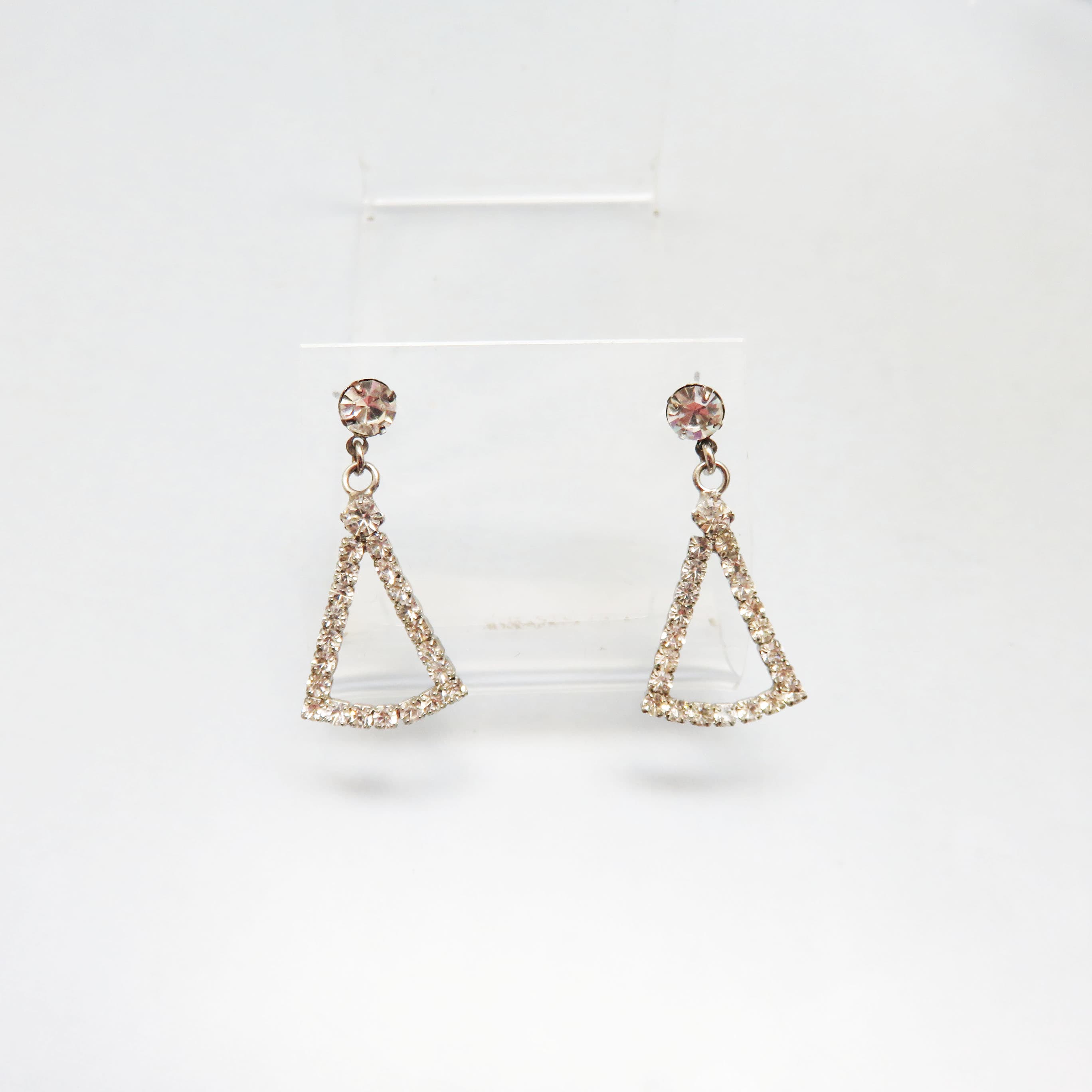 Vintage 1960s Rhinestone Triangle Dangle Earrings | Clear Crystal Geometric Post Earrings | Mid-Century Glam Jewelry