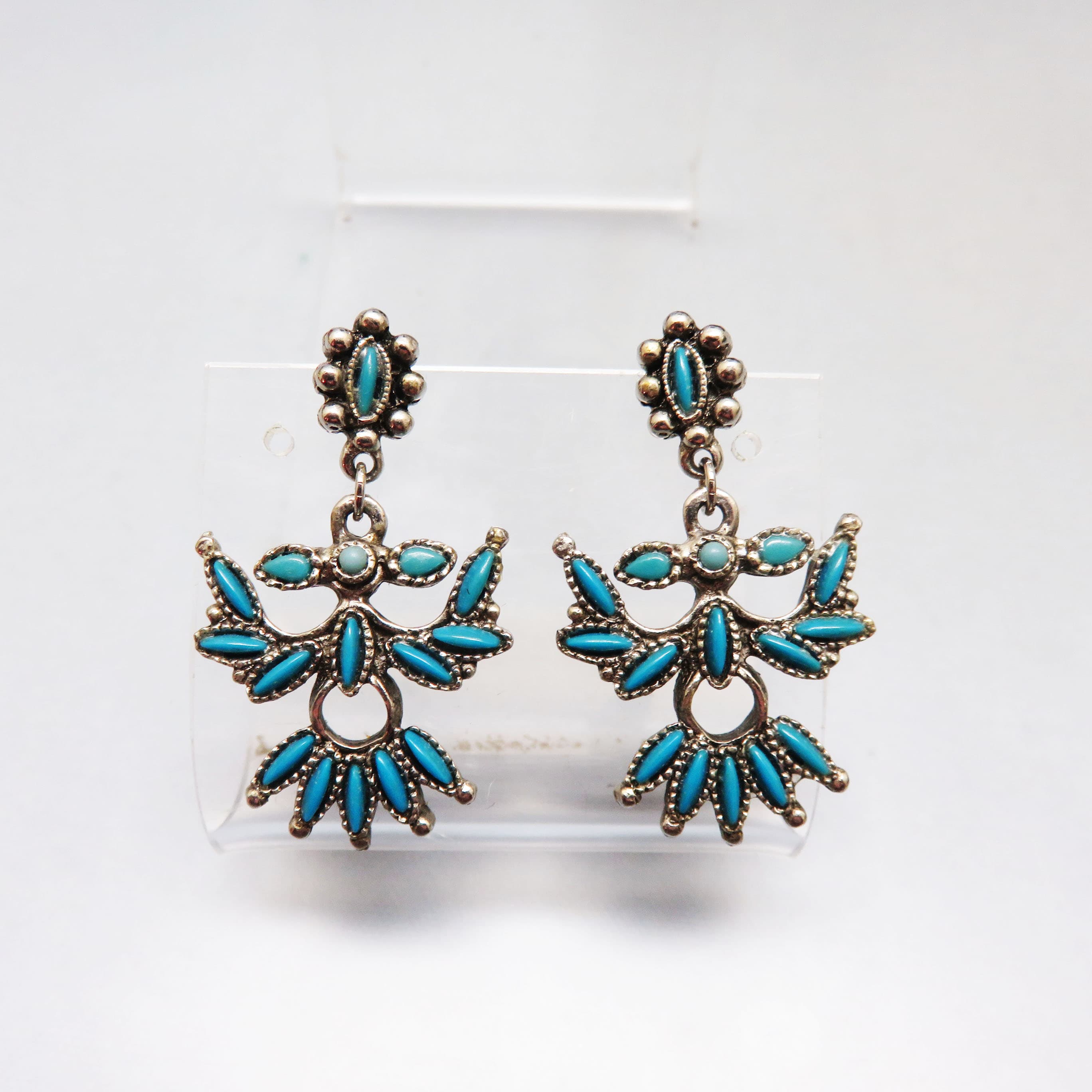 Vintage 1980s Southwestern Style Faux Turquoise Thunderbird Dangle Earrings | Silvertone Statement Posts