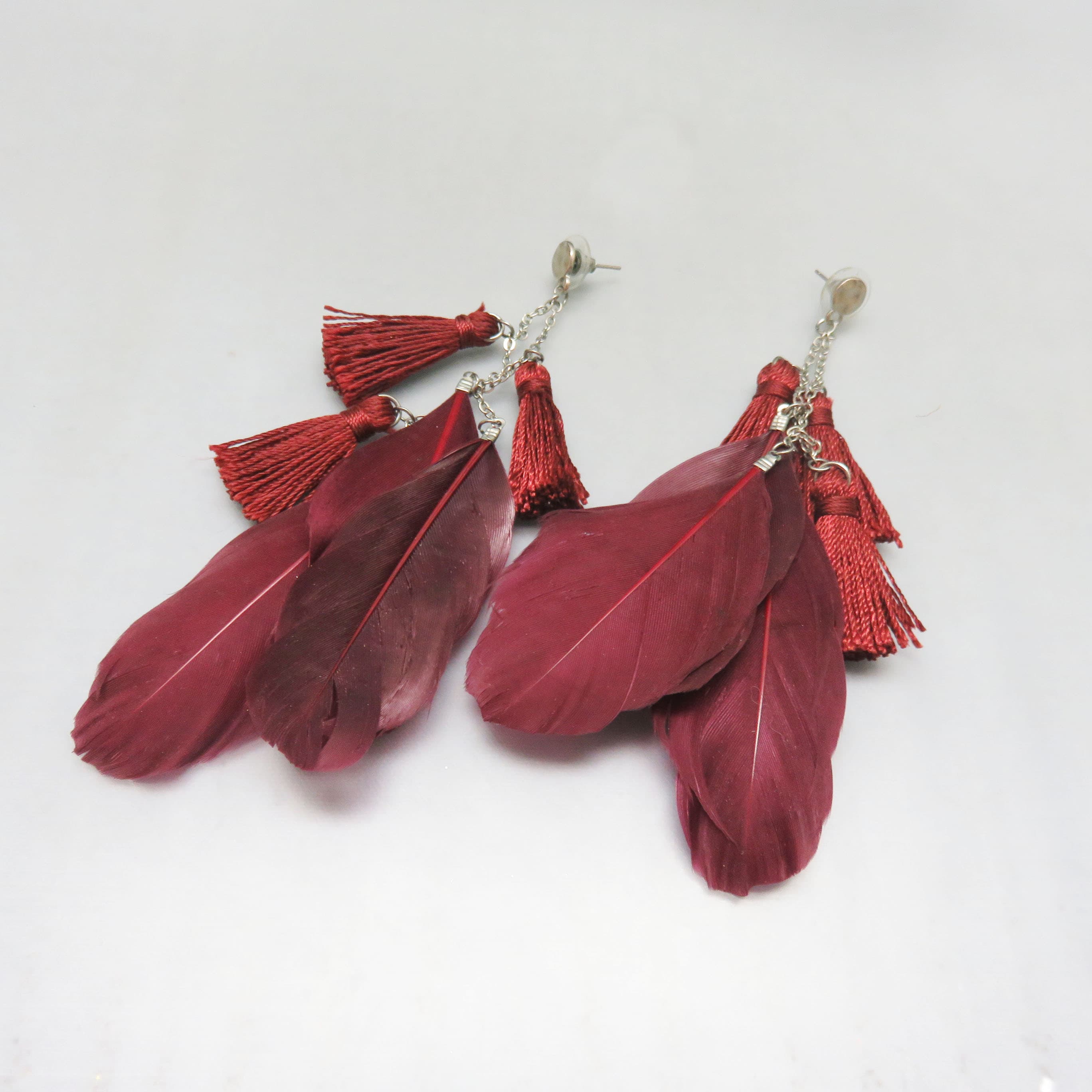 Boho Burgundy Dyed Feather Tassel Statement Earrings | Long Post Dangle Earrings | Festival Style Jewelry | 5.5 Inch Earrings