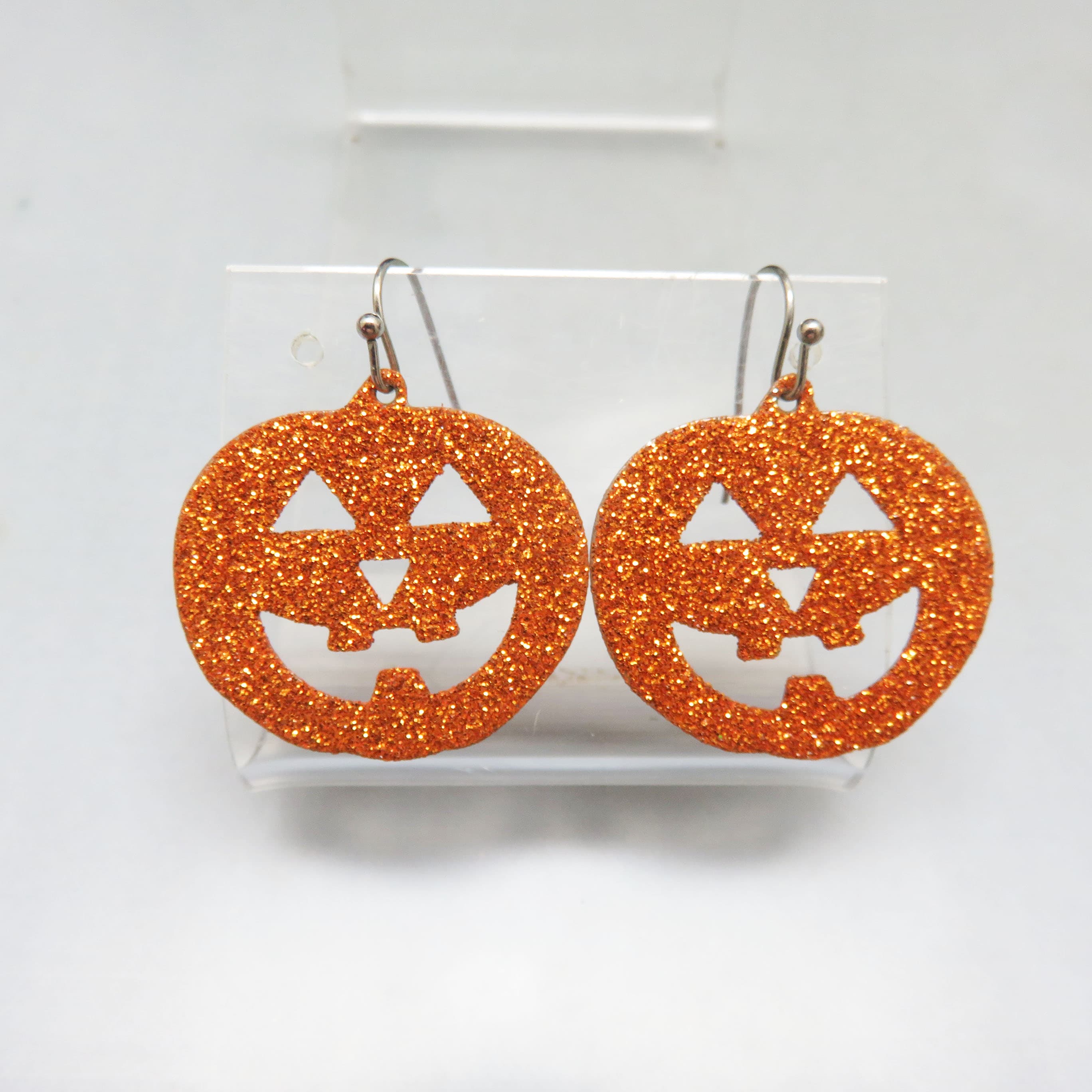 Glittering Jack-O'-Lantern Statement Earrings | Halloween Pumpkin Dangle Earrings | Festive Orange Sparkle Jewelry