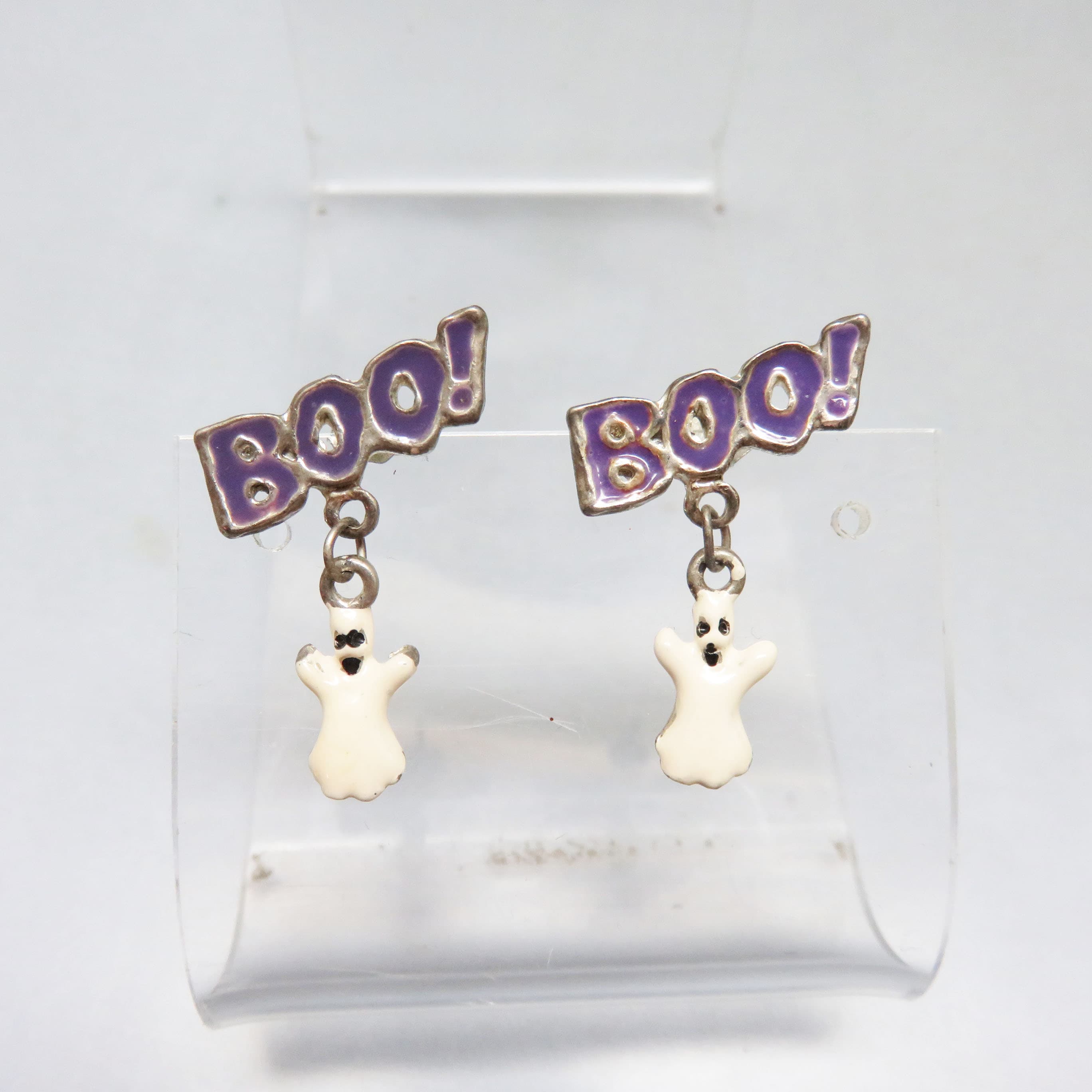 Enamel "Boo!" Ghost Drop Earrings | Whimsical Halloween Statement Earrings | Playful Purple & White Seasonal Jewelry