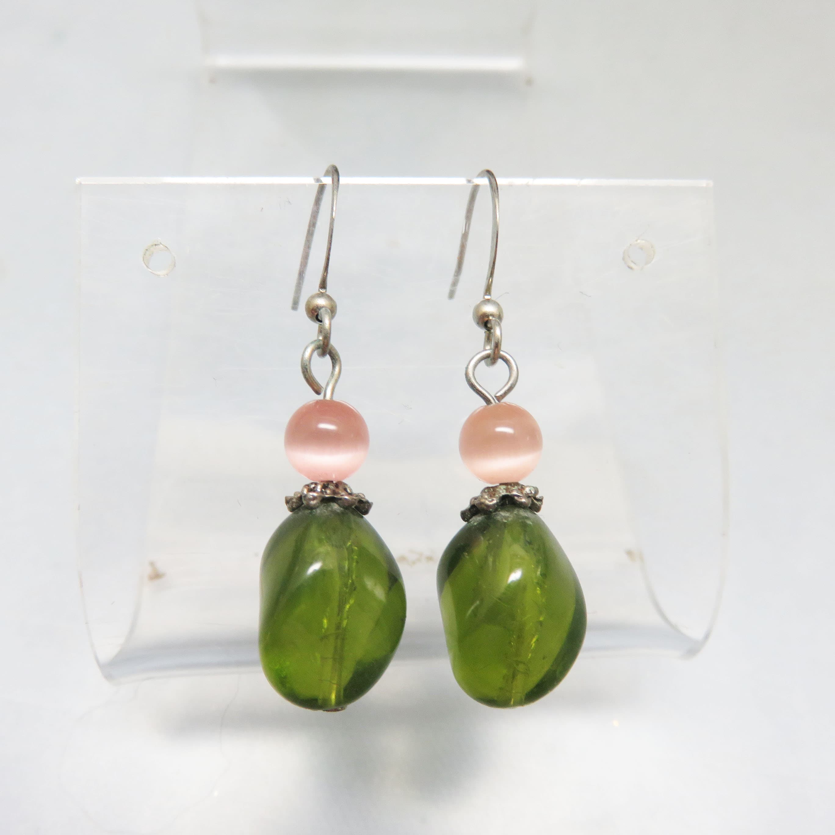 Handcrafted Art Glass & Pink Cat's Eye Earrings | Olive Green Artisan Dangle Earrings | Studio-Made Pierced Earrings