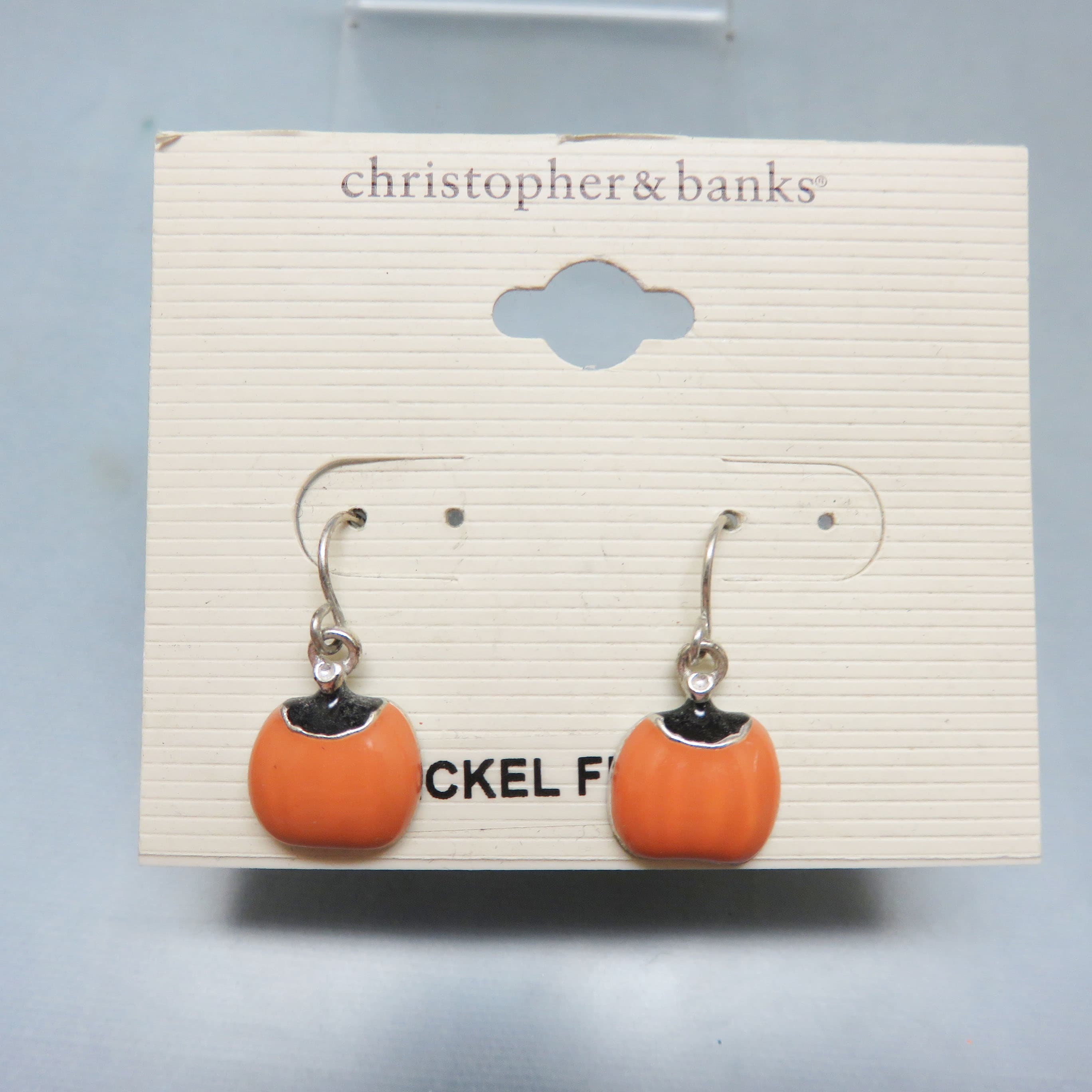 Christopher & Banks Pumpkin Drop Earrings | Mint on Card Halloween Jewelry | Orange Enamel Jack-O'-Lantern Earrings